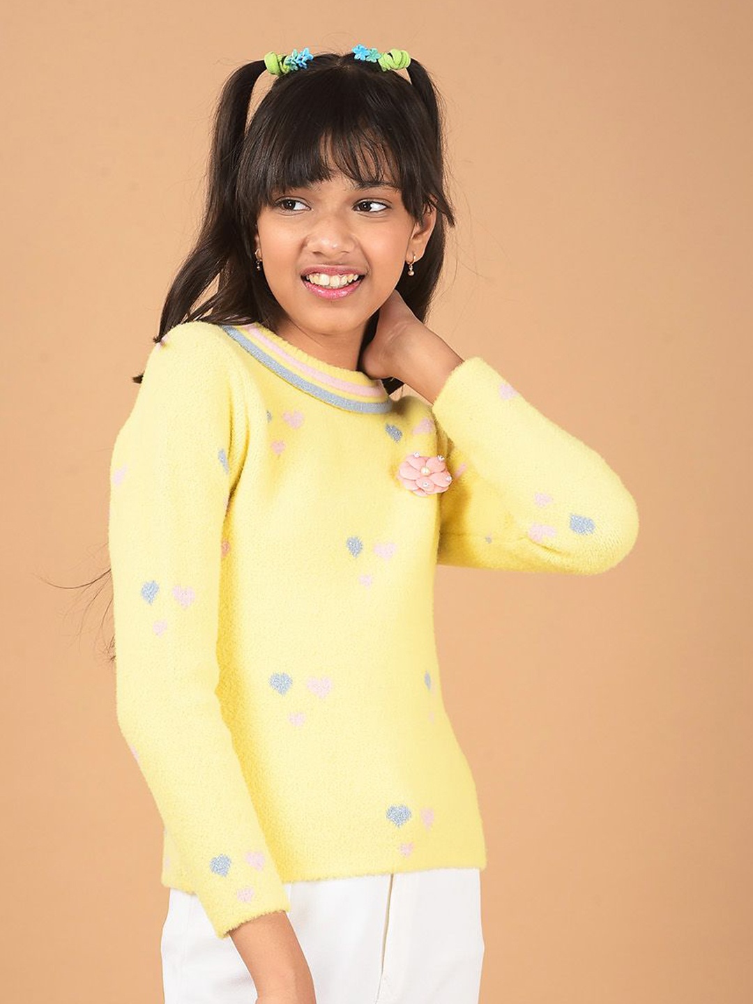 

Crimsoune Club Girls Round Neck Printed Pullover Sweaters, Yellow