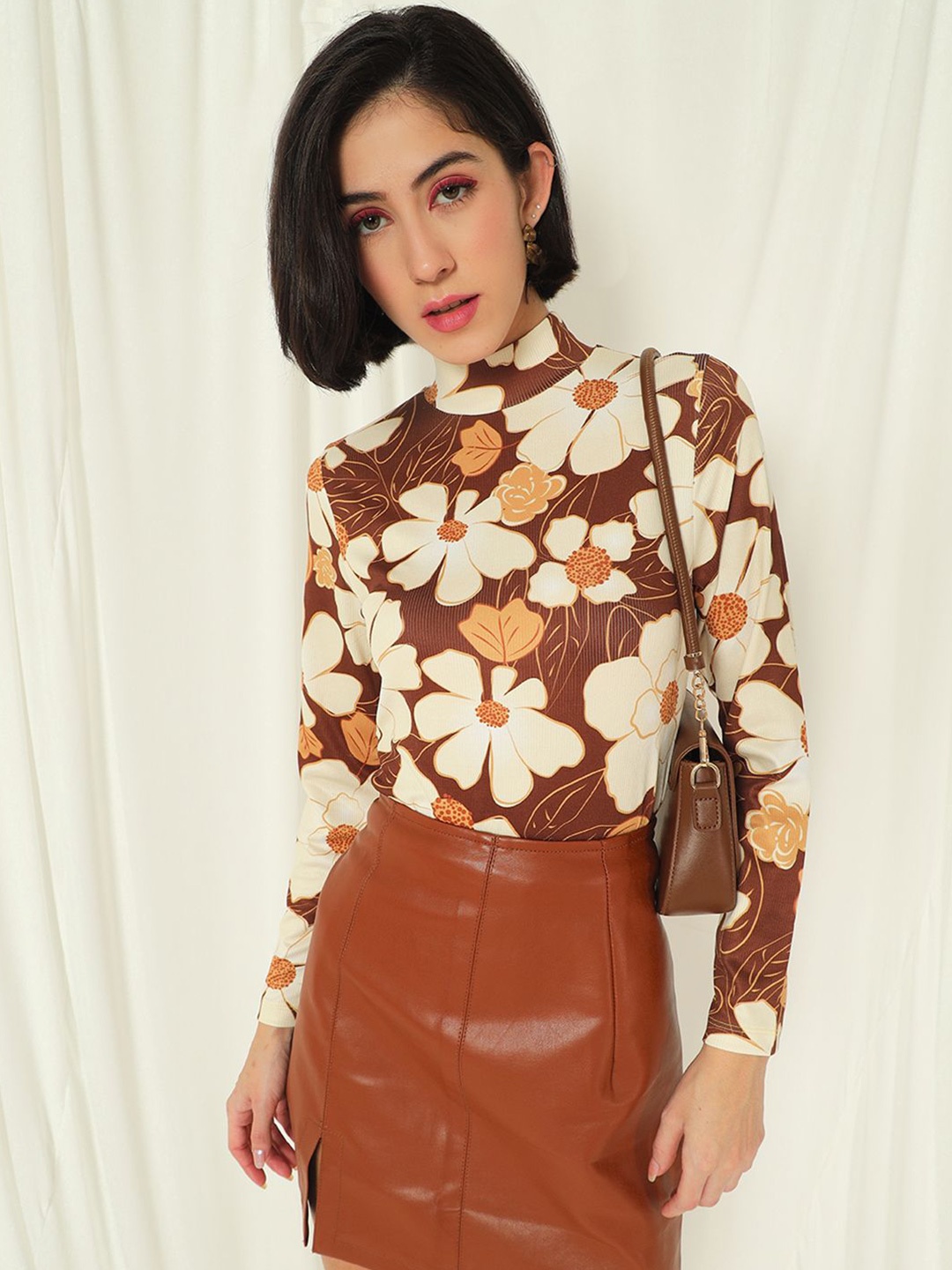 

TANDUL Floral Print Cotton Top, Brown