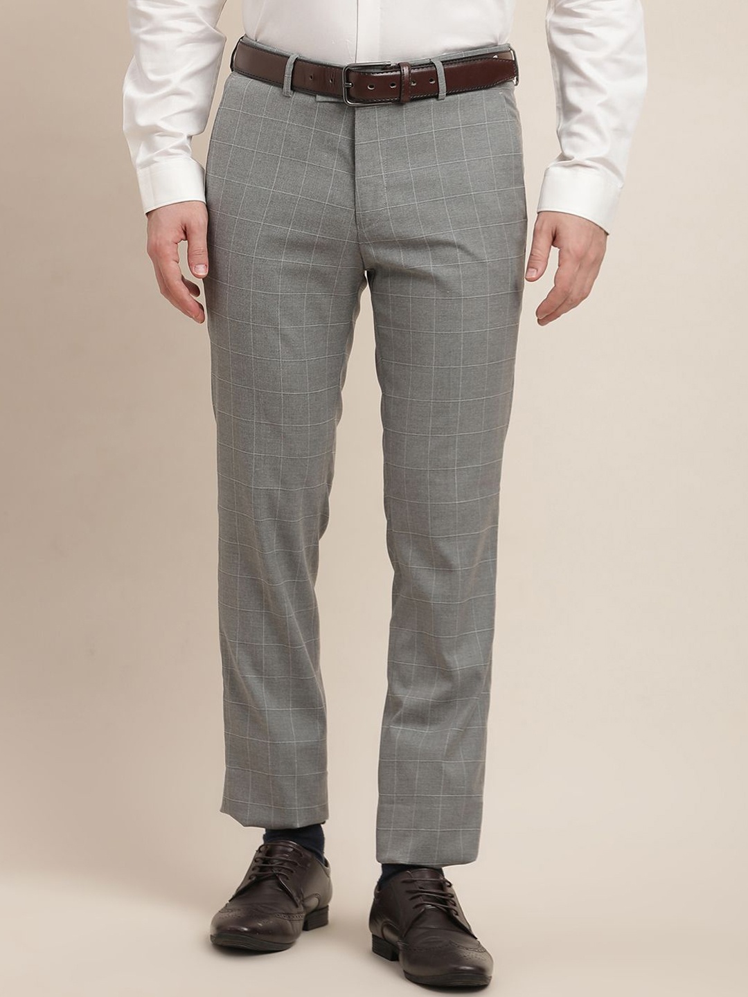 

Turtle Men Checked Tailored Slim Fit Mid-Rise Formal Trousers, Grey