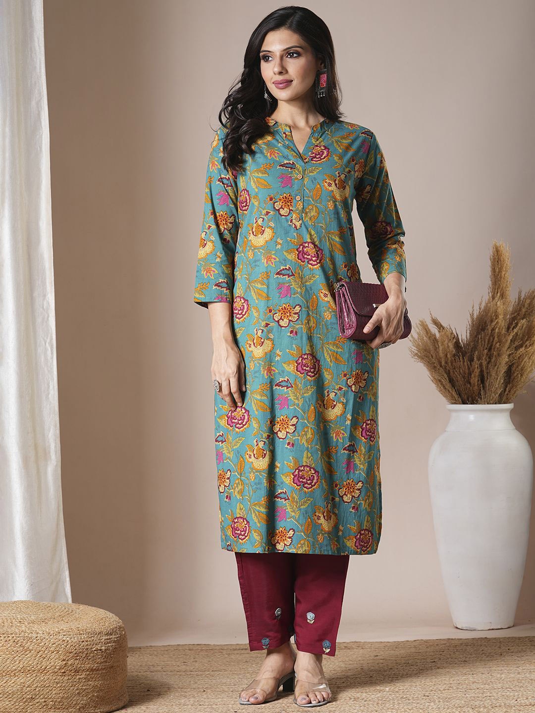 

FASHOR Women Ethnic Motifs Printed Kurta, Sea green