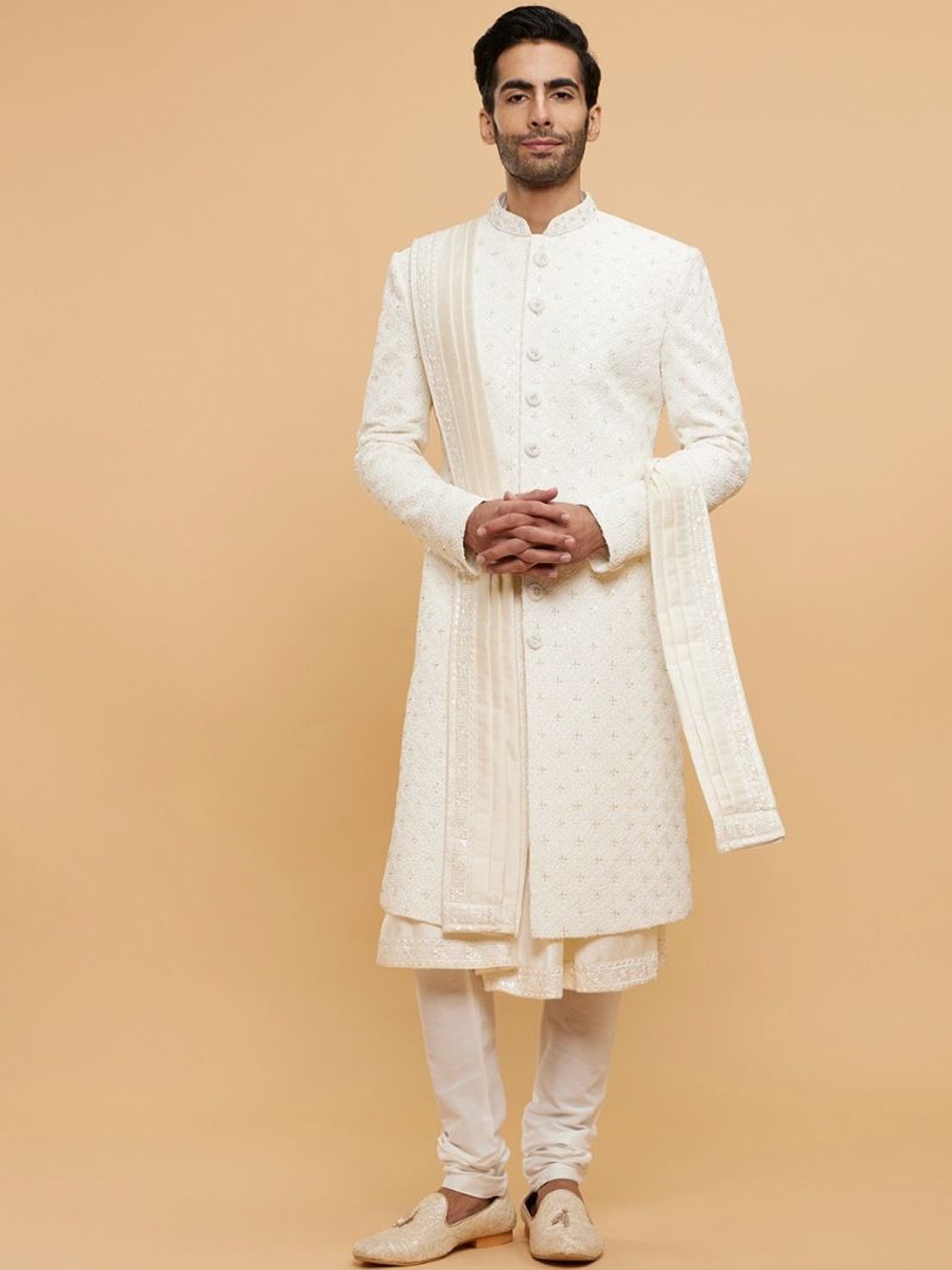 

Twamev Embroidered Moti Work & Thread Work Mandarin Collar Sherwani Set, White