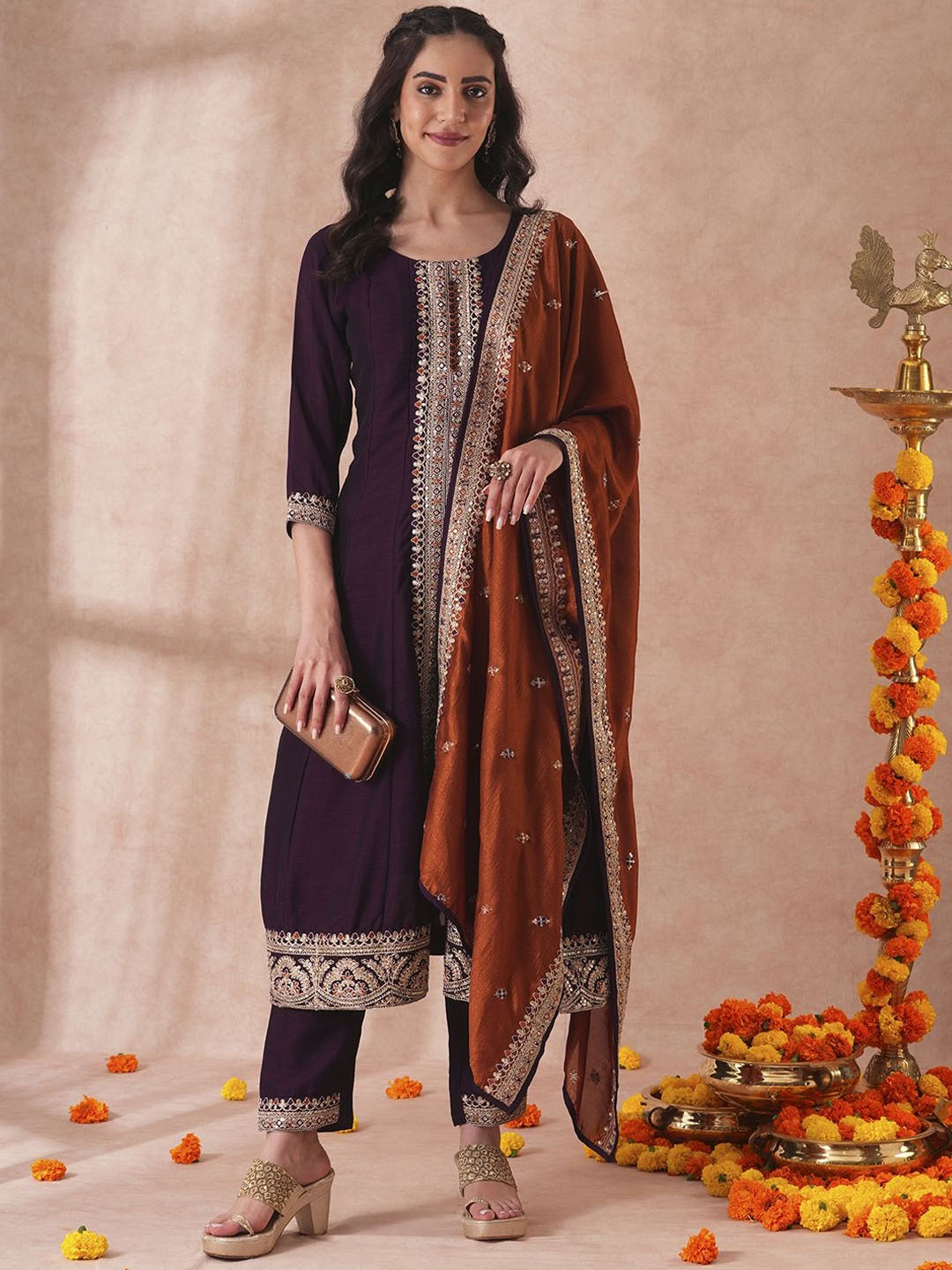 

FASHOR Women Floral Embroidered Panelled Sequinned Kurta with Trousers & With Dupatta, Purple