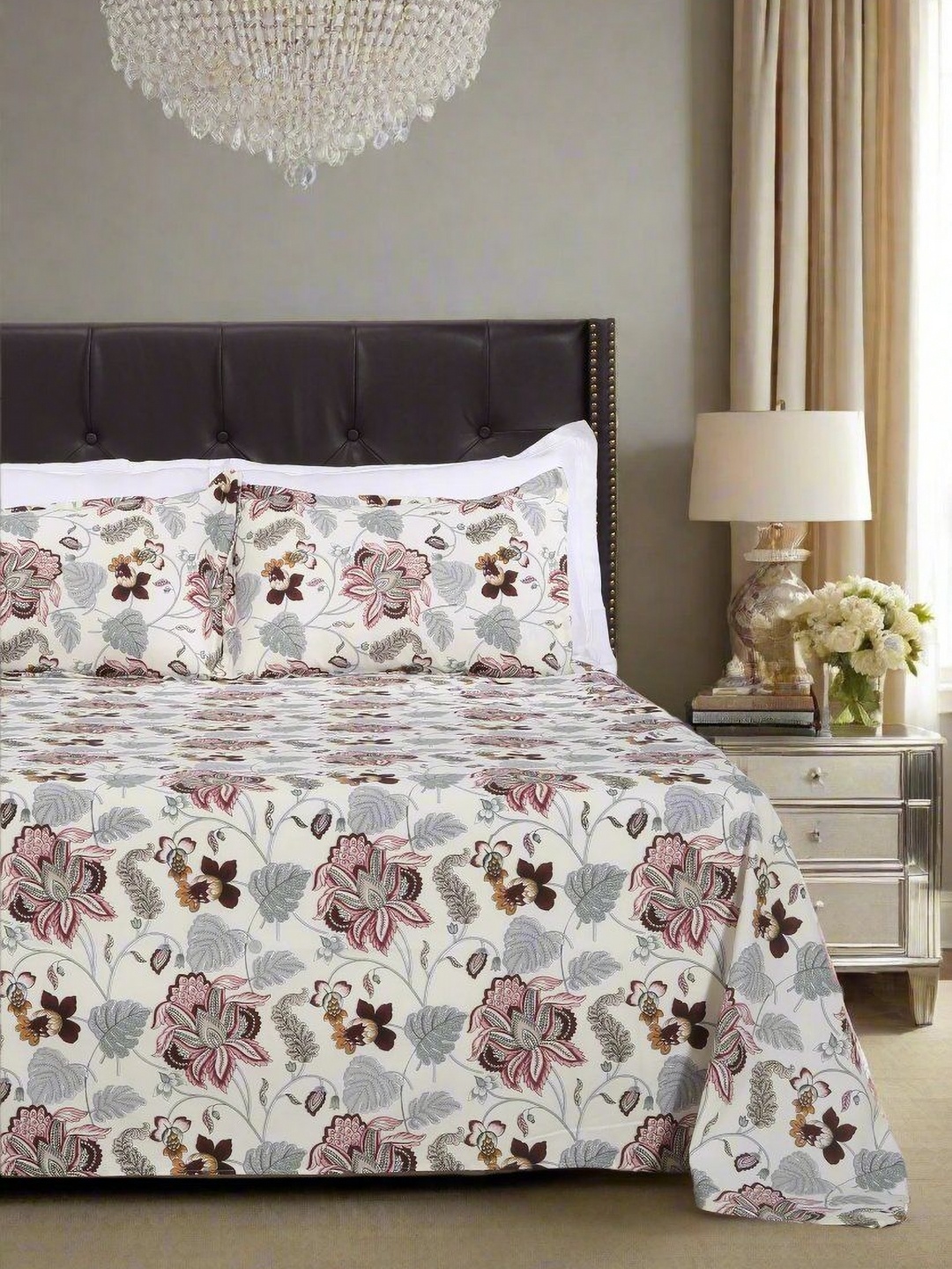 

SHAHENAZ Violet & Grey Floral Cotton 120 TC King Bedsheet with 2 Pillow Covers