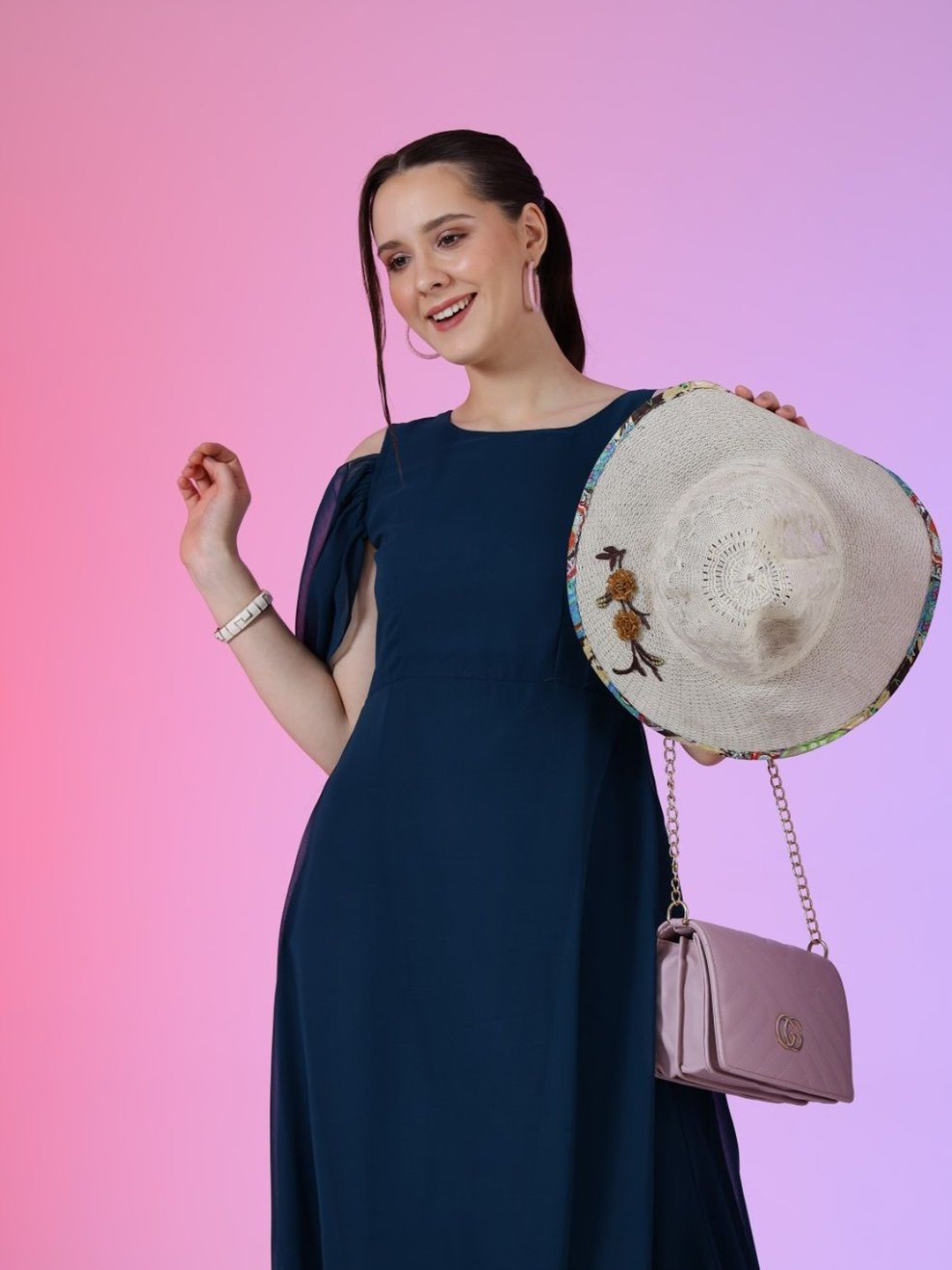 

Krunal Raiyani Women Cold-Shoulder Sleeves Maxi Dress, Blue