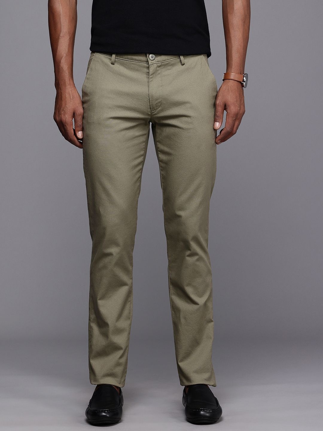 

Louis Philippe Sport Men Tapered Fit Low-Rise Chinos Smart Casual Trousers, Olive