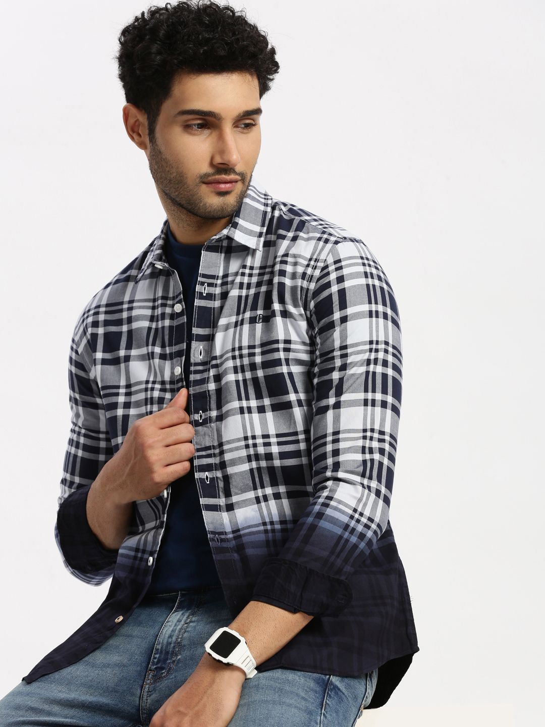 

Grit and Flair Men Standard Tartan Checks Opaque Checked Casual Shirt, Navy blue