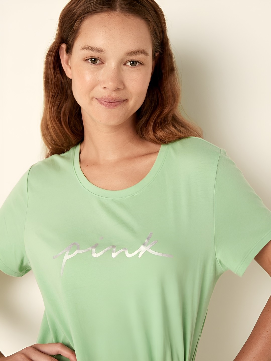 

Victoria's Secret Women Typography Printed Round Neck Cotton T-shirt, Green