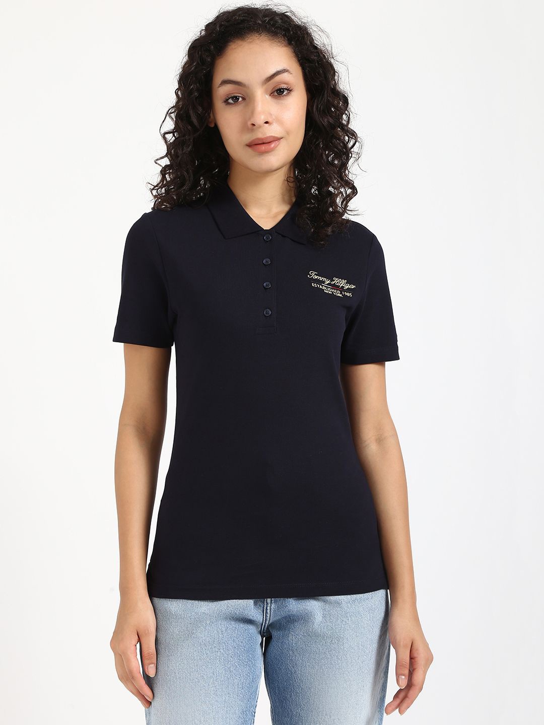 

Tommy Hilfiger Women Polo Collar Applique Slim Fit T-shirt, Blue