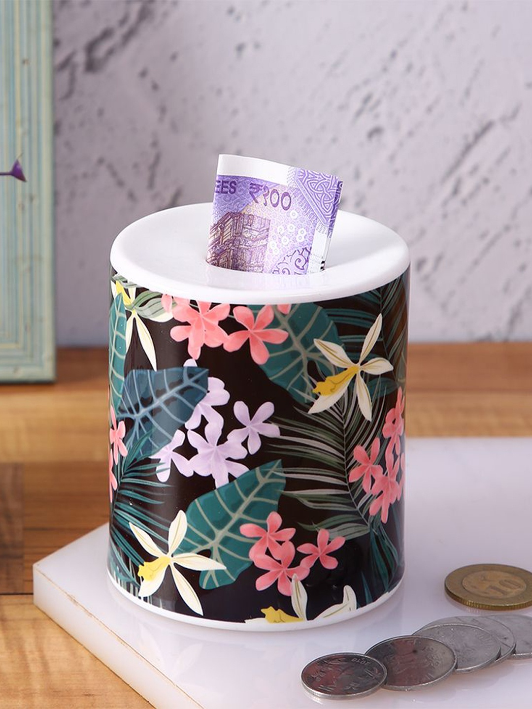 

PENTADECO Green & White Printed Ceramic Piggy Bank
