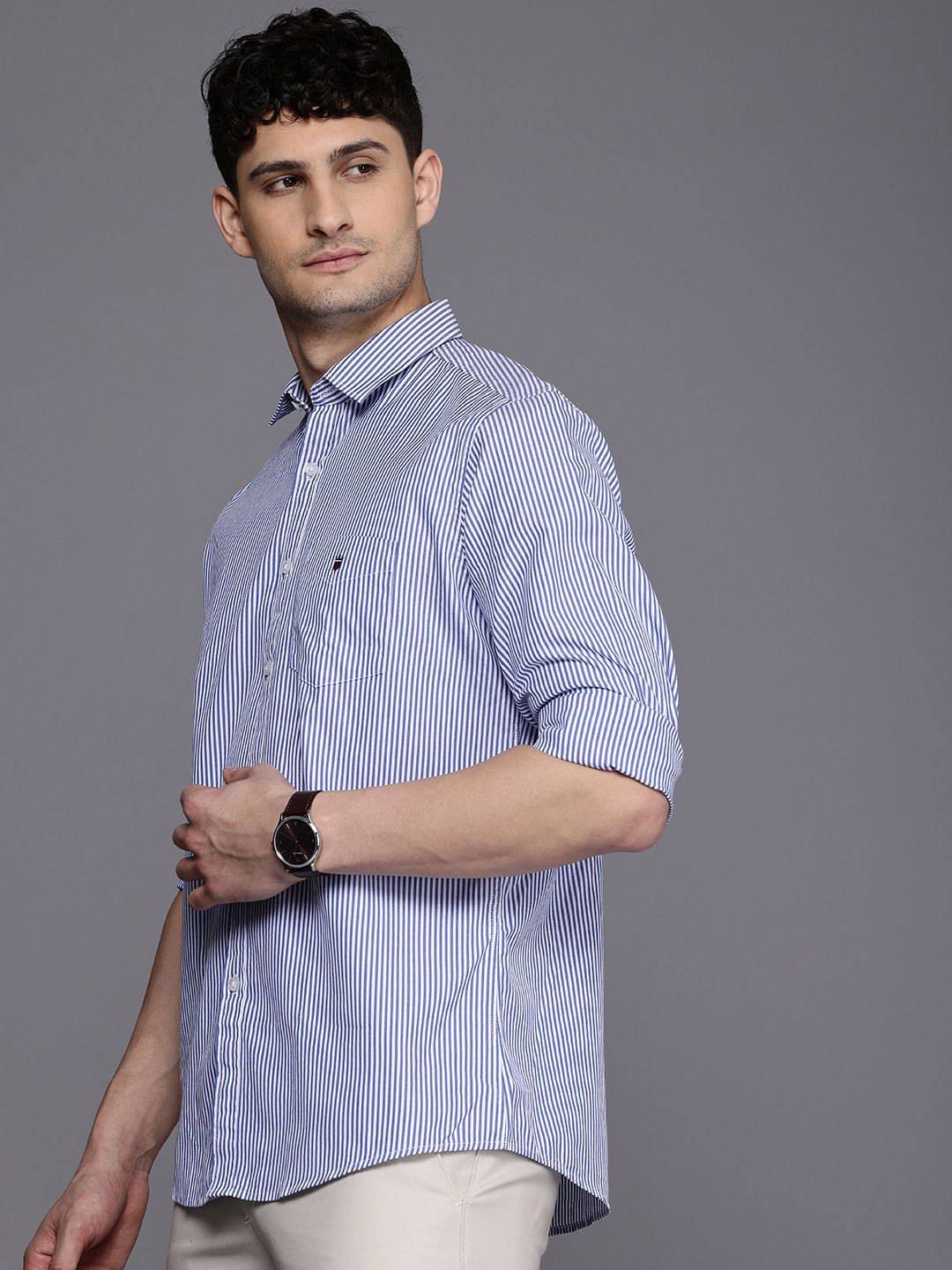 

Louis Philippe Sport Slim Fit Striped Pure Cotton Casual Shirt, Blue