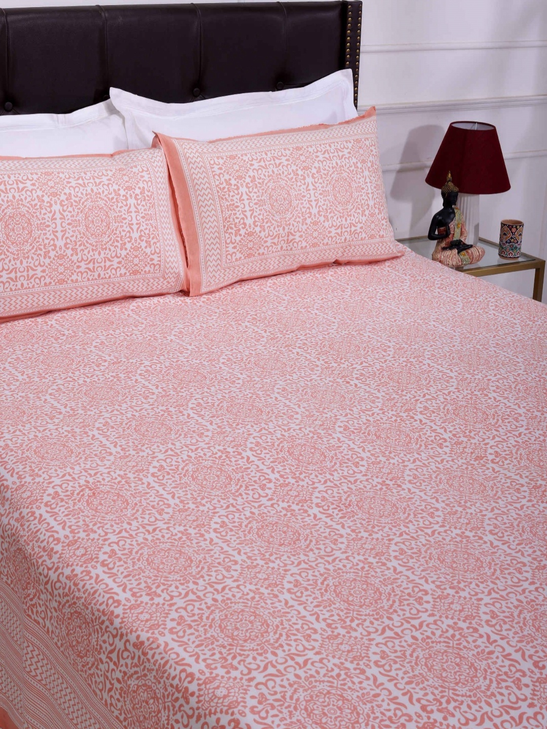 

SHAHENAZ Orange & White Floral 120 TC Queen Bedsheet with 2 Pillow Covers