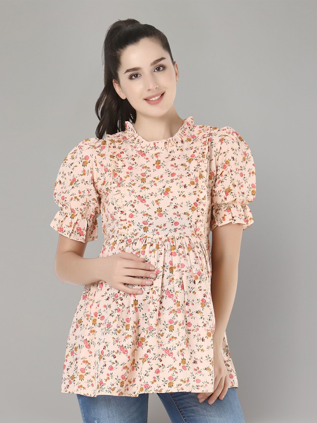 

Zuvino Floral Print Mandarin Collar Puff Sleeve Ruffles Cotton Peplum Longline Top, Peach