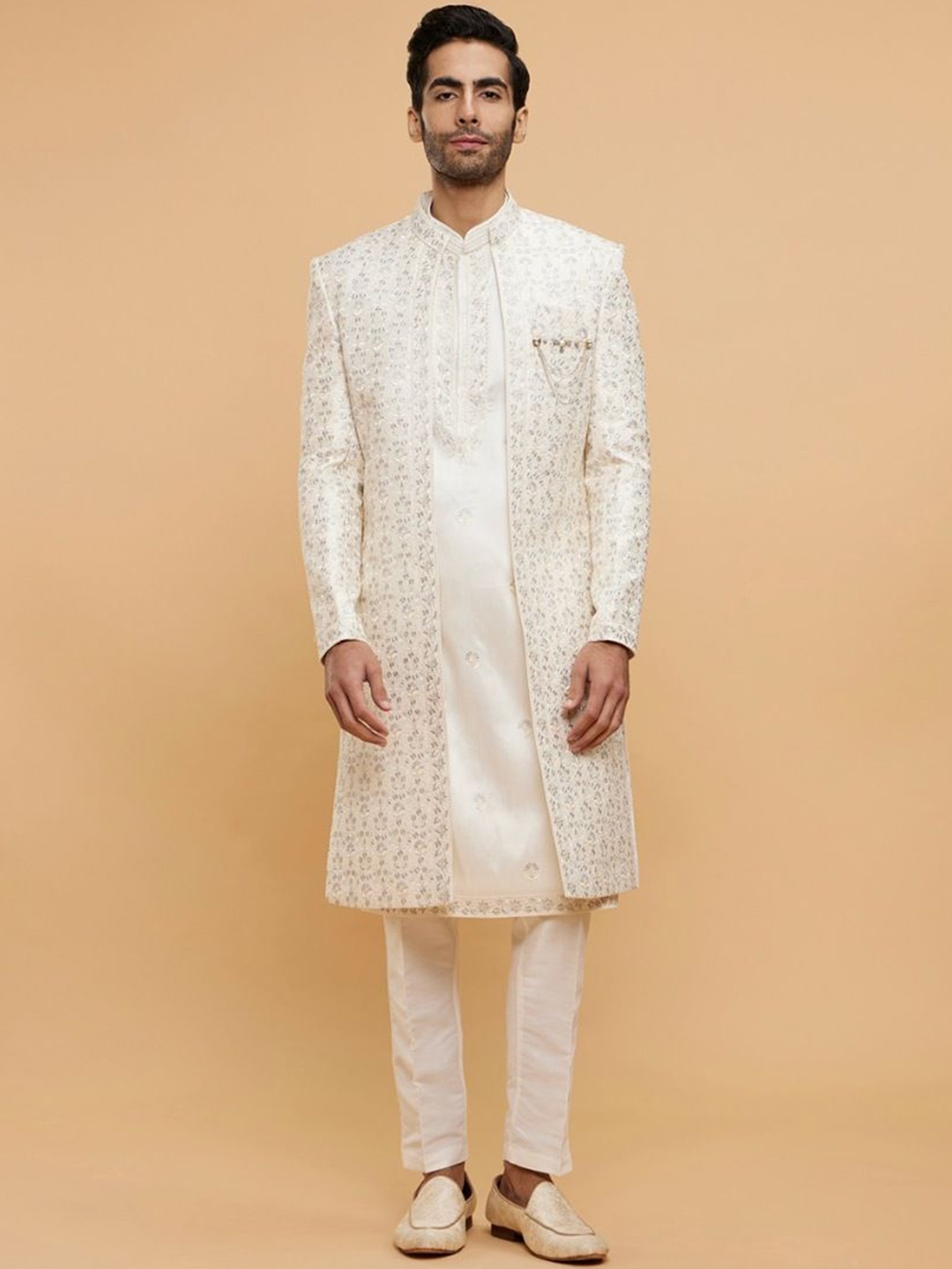 

Twamev Men Thread Embroidery Sherwani Set, White