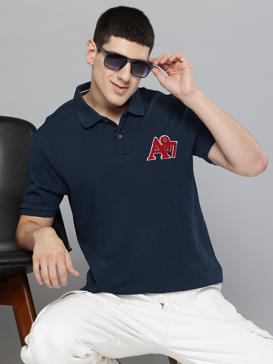 

Aeropostale Brand Logo Applique Detailed Polo Collar Pure Cotton T-shirt, Navy blue