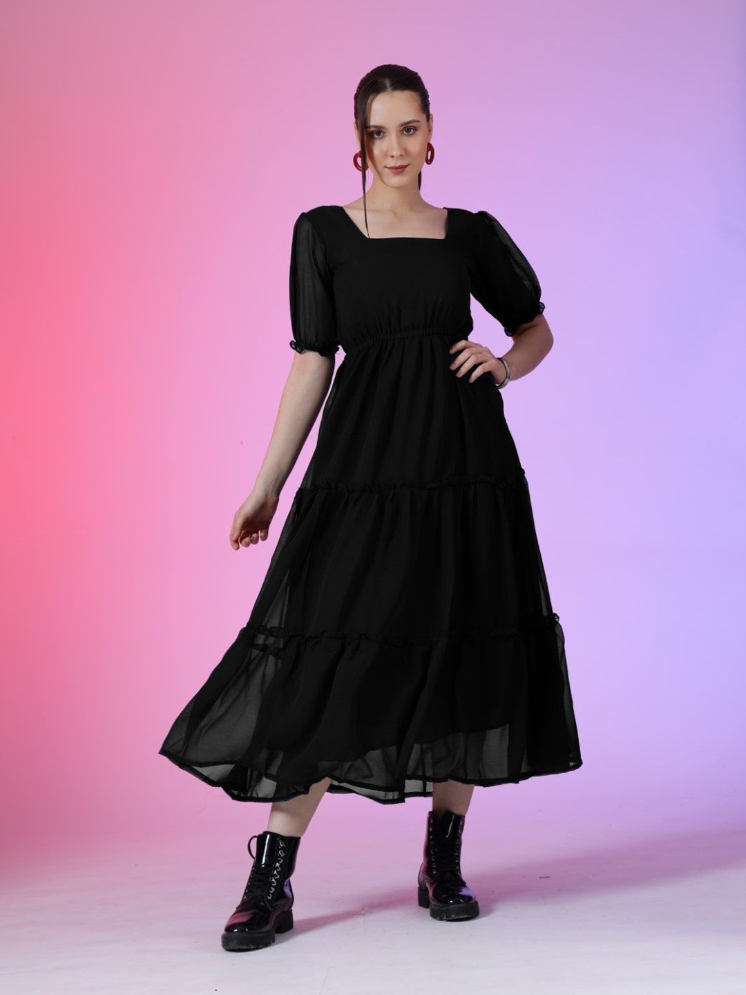 

Krunal Raiyani Women Puff Sleeve Fit & Flare Dress, Black