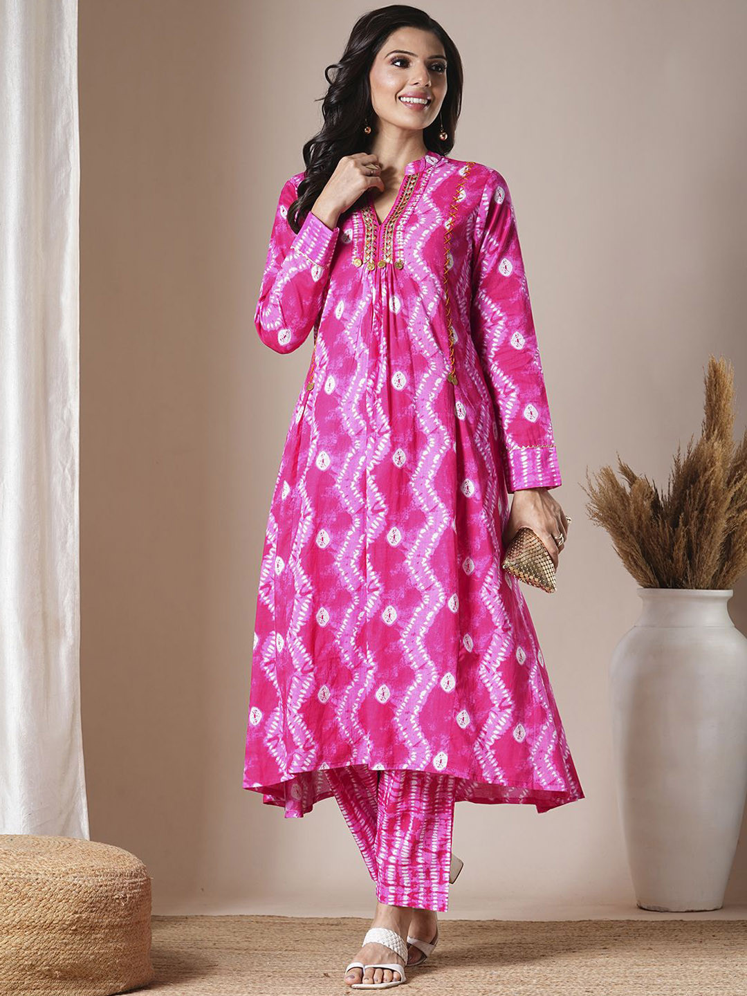 

FASHOR Women Ethnic Motifs Printed Regular Mirror Work Pure Cotton Kurta with Trousers, Pink