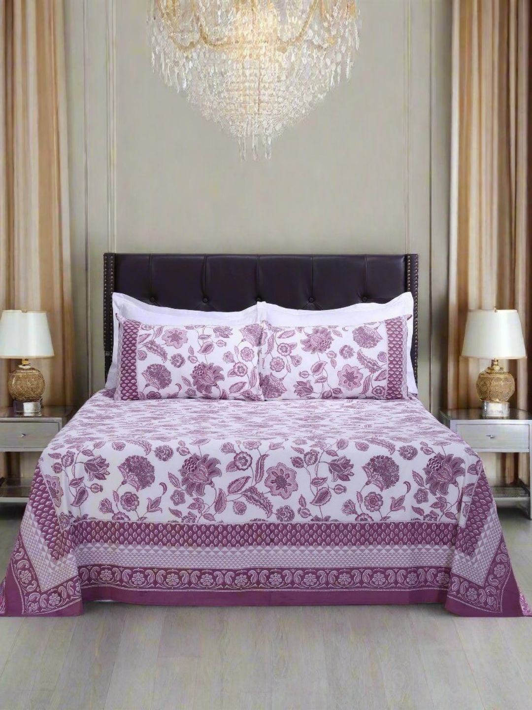 

SHAHENAZ Purple & White Floral Cotton 120 TC Queen Bedsheet Set-2.7 m X 2.25 m