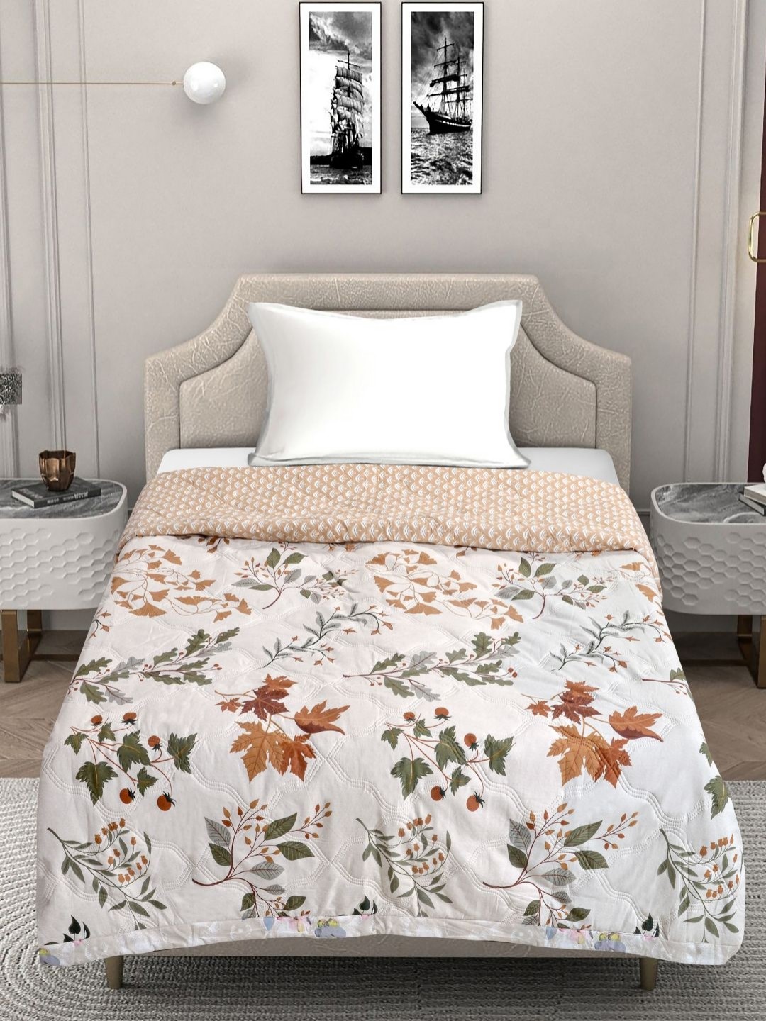 

FABINALIV White & Brown Floral Mild Winter 350 GSM Single Bed Comforter