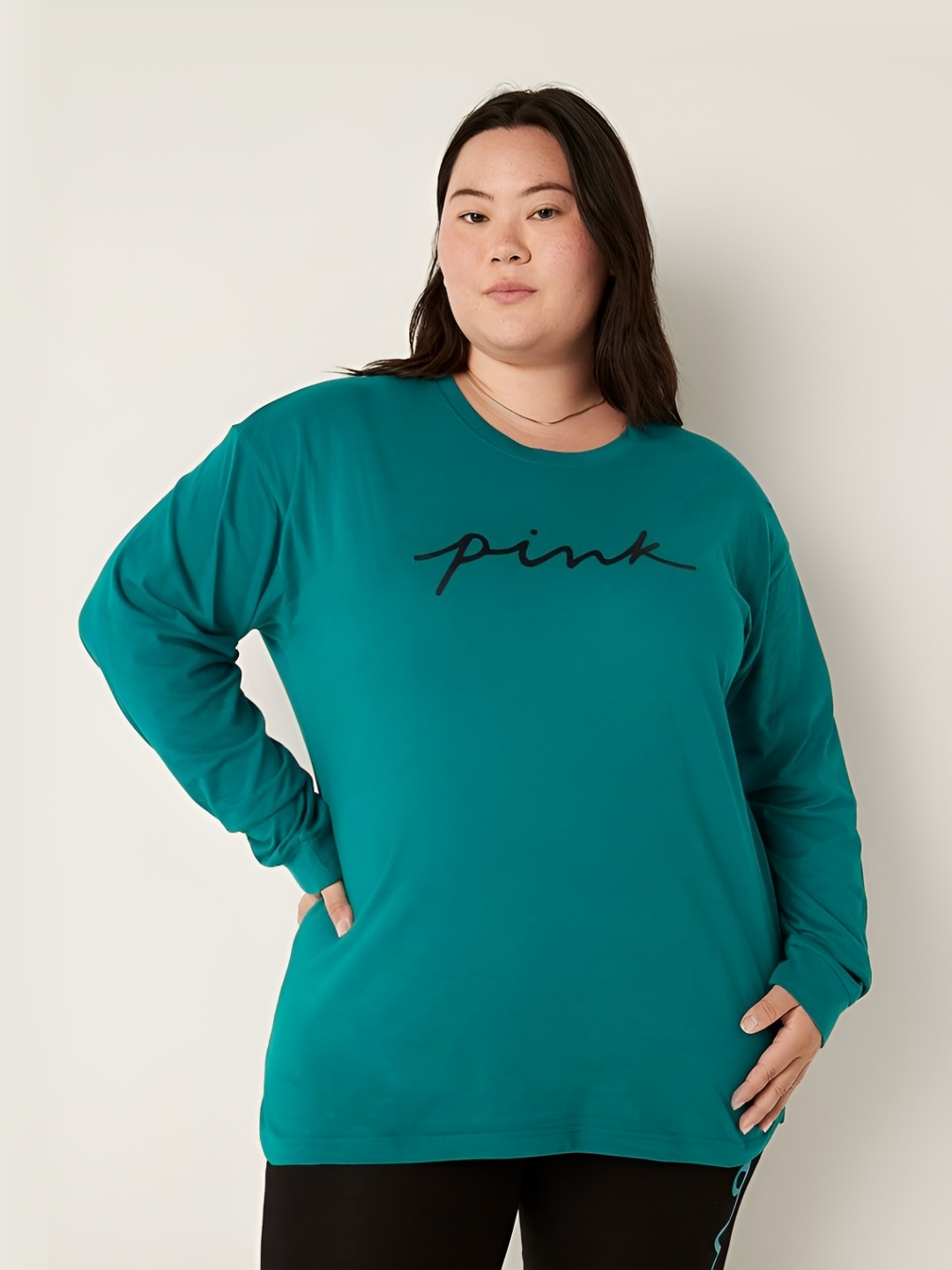 

Victoria's Secret Women Plus Size Typography Printed Round Neck Cotton Relaxed Fit T-shirt, Teal