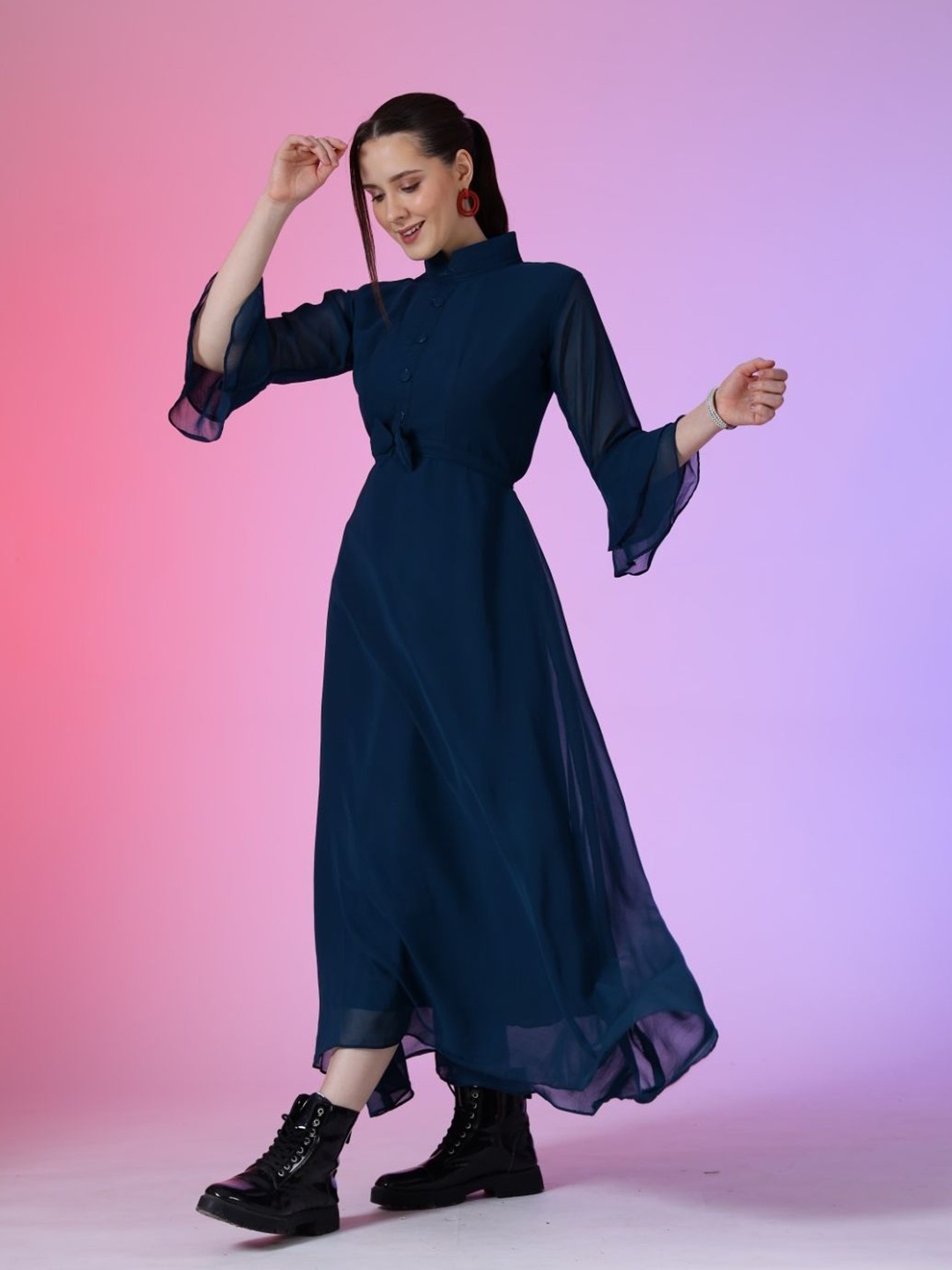 

Femvy Women Mock Neck Flared Sleeve Fit & Flare Maxi Dress, Blue