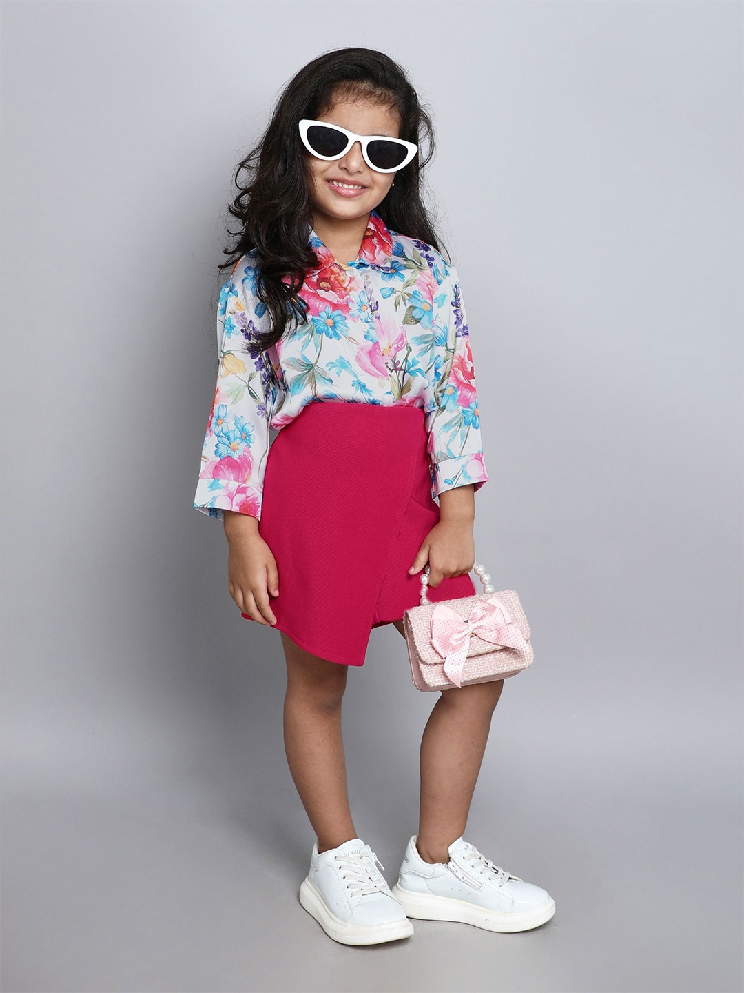 

taffykids Girls Printed Shirt with Skirt, Pink