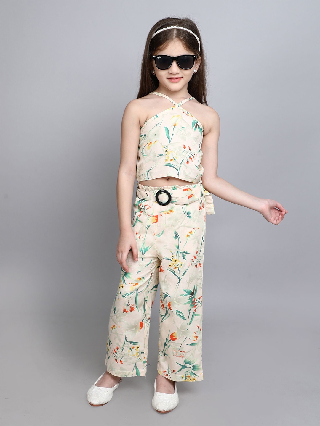 

taffykids Girls Printed Top with Trousers, Cream