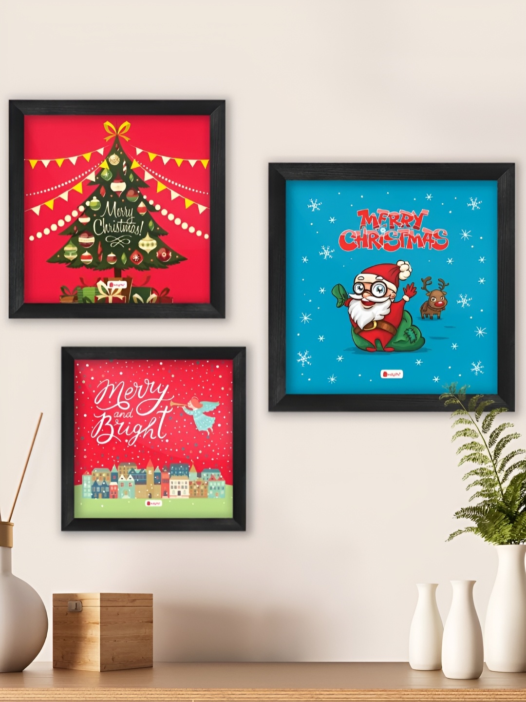 

Indigifts Set of 3 Merry Christmas Printed Photo Frames, Red