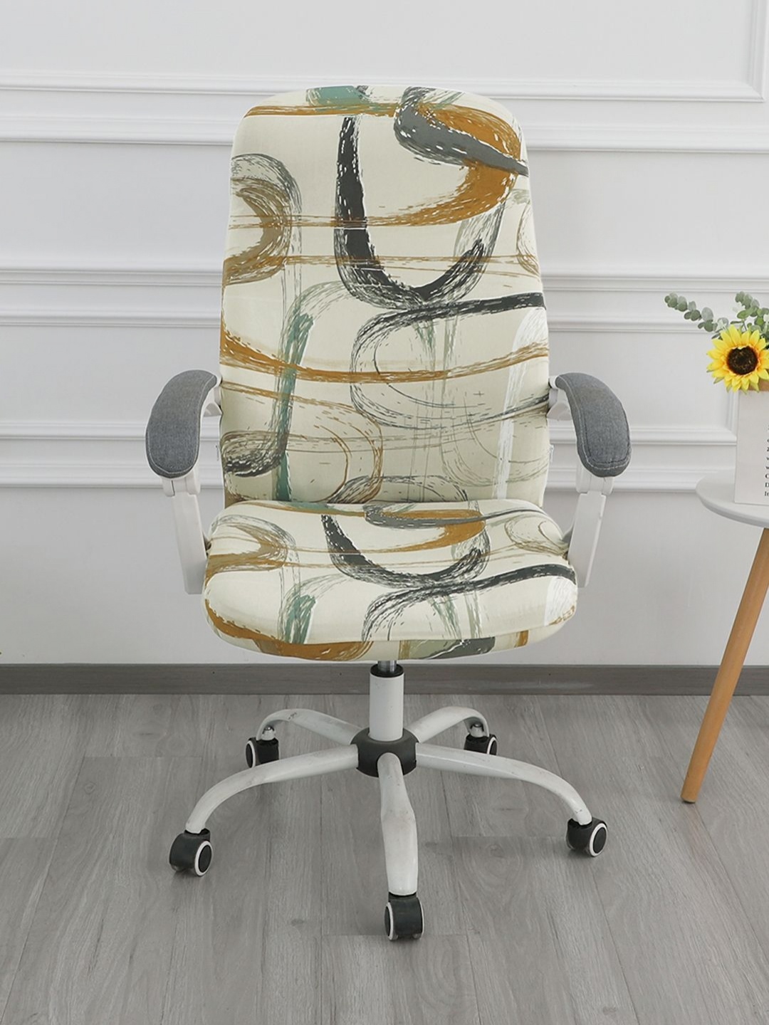 

HOKIPO Beige & Grey Abstract Printed Stretchable Office Chair Cover