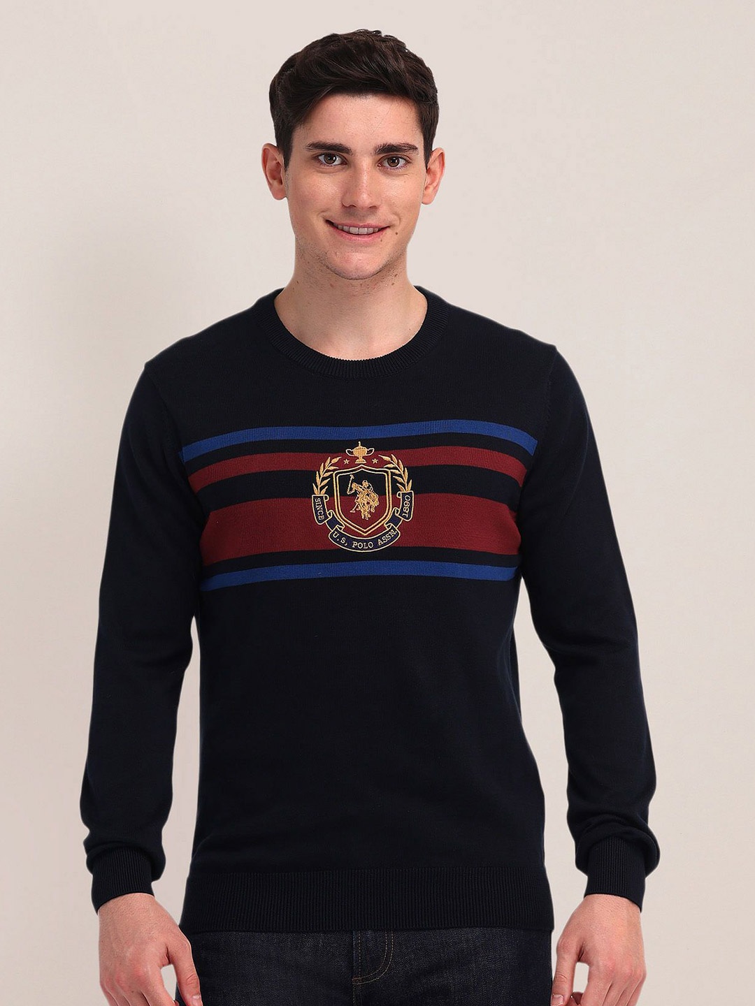 

U.S. Polo Assn. Men Striped Round Neck Cotton Pullover, Navy blue