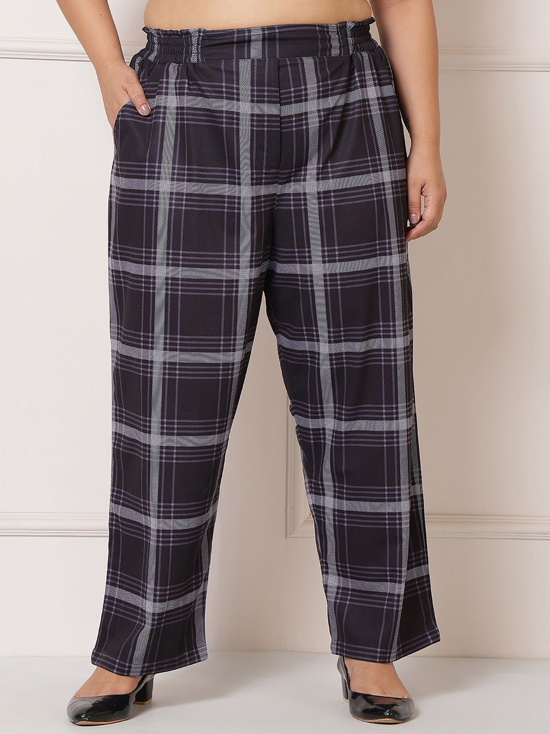 

Amydus Women Checked Cotton Plus Size Regular Fit Mid-Rise Regular Trousers, Black