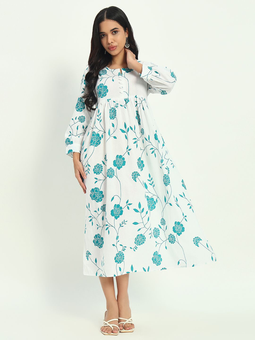 

KALINI Women Cotton Floral Printed Round Neck Fit & Flared Ethnic Dresses, White