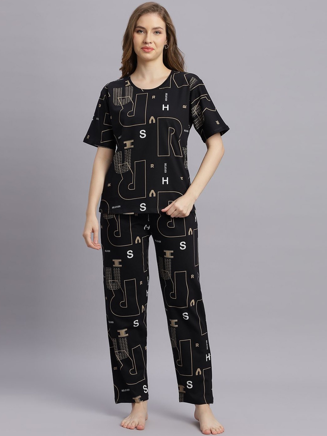 

DZZO Women Printed Pure Cotton Night suit, Black