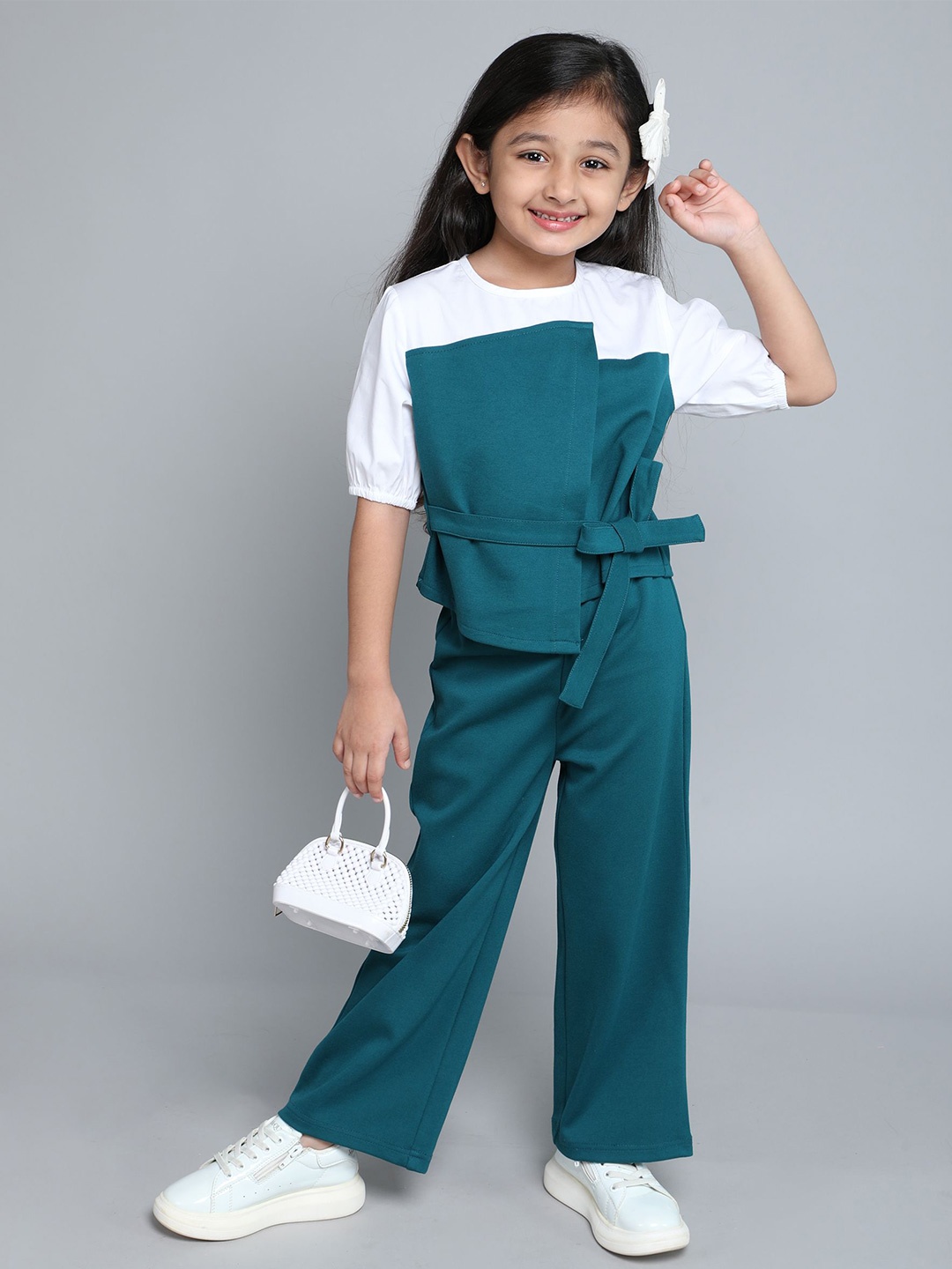 

taffykids Girls Colourblocked Top with Trousers, Teal