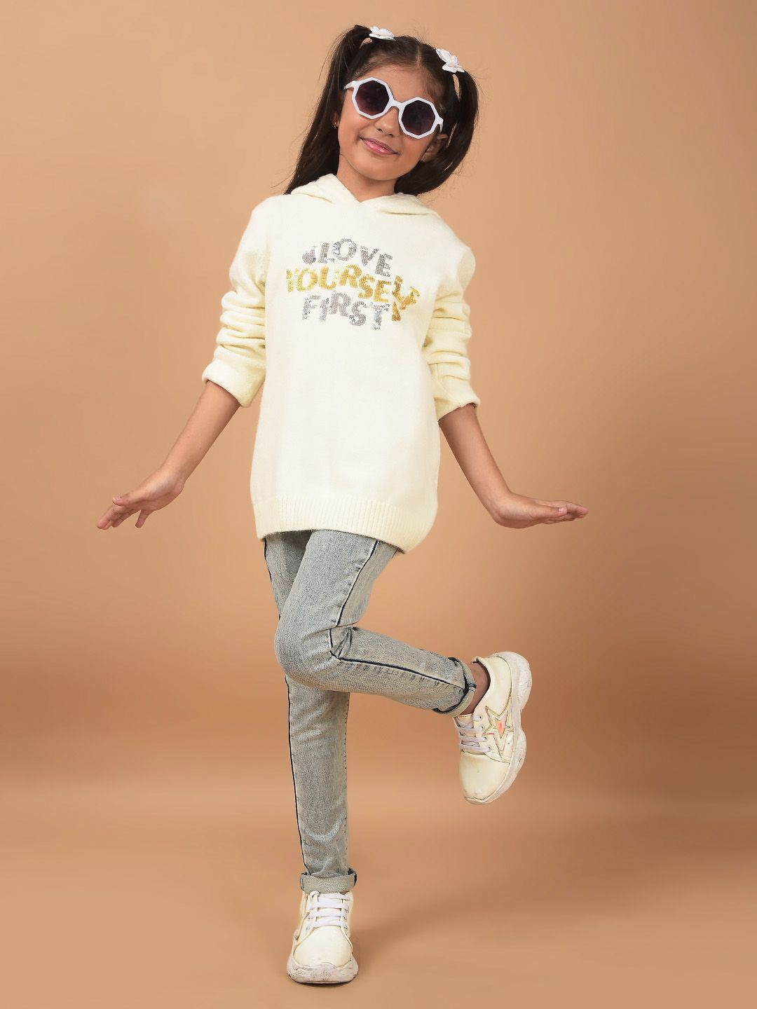 

Crimsoune Club Girls Cotton Typography Printed Hooded Neck Pullover Sweaters, Cream