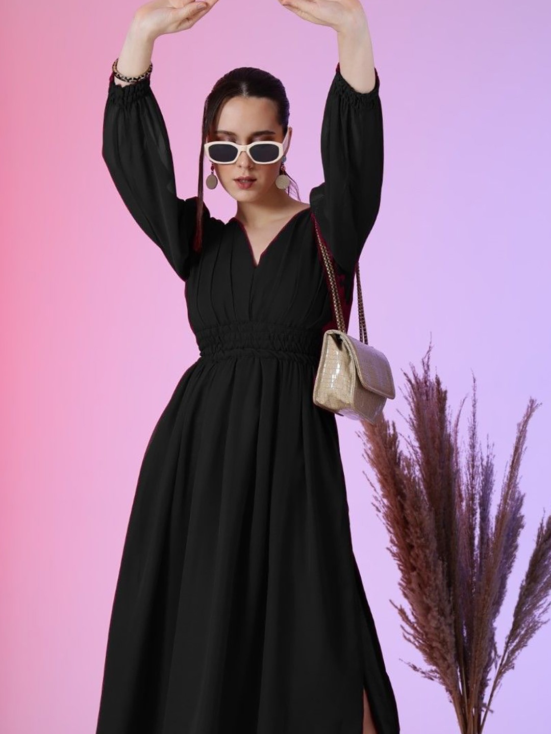 

Femvy Women V-Neck Puff Sleeves Fit & Flare Maxi Dress, Black