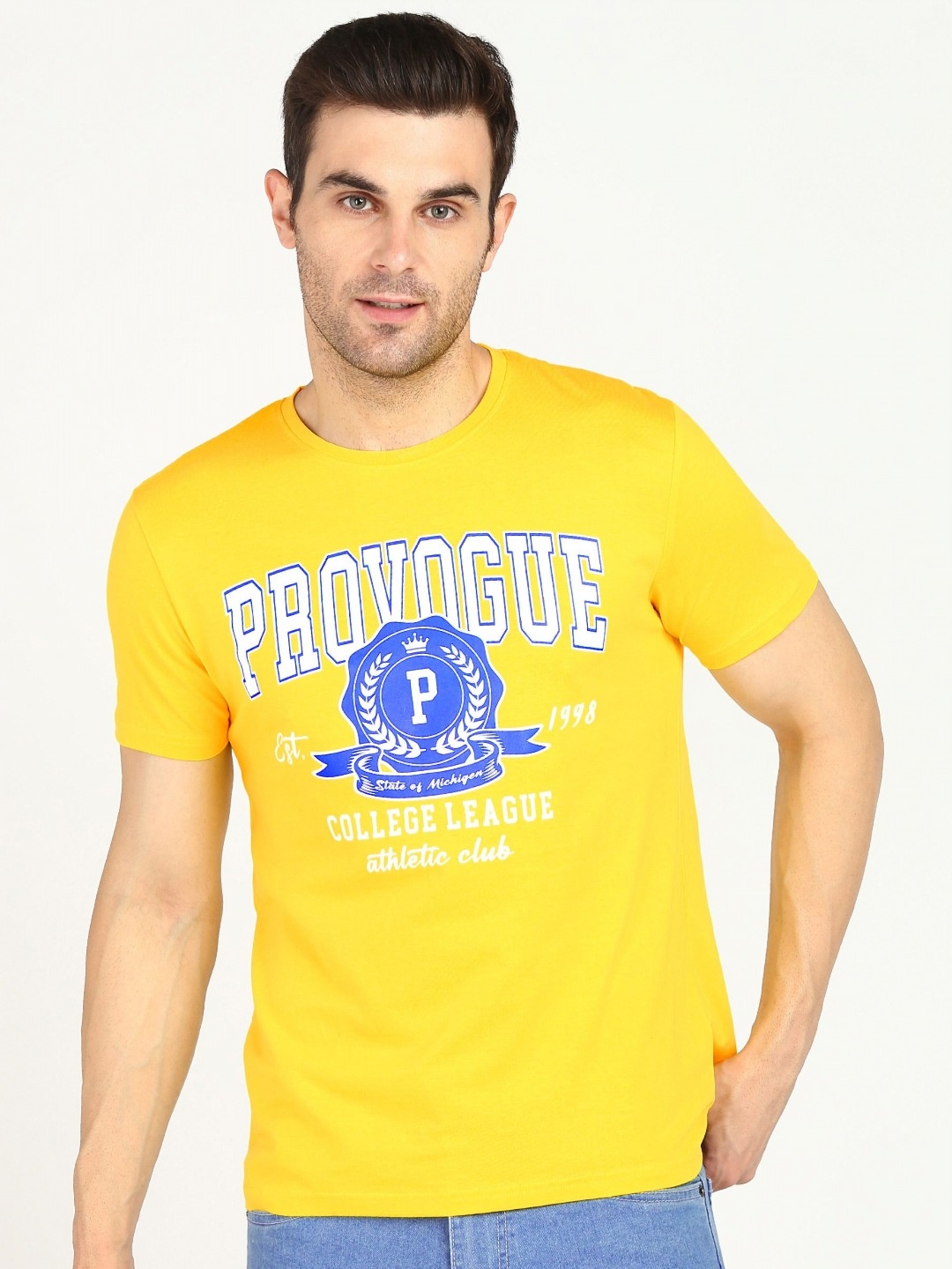 

Provogue Men Typography Printed Applique T-shirt, Yellow