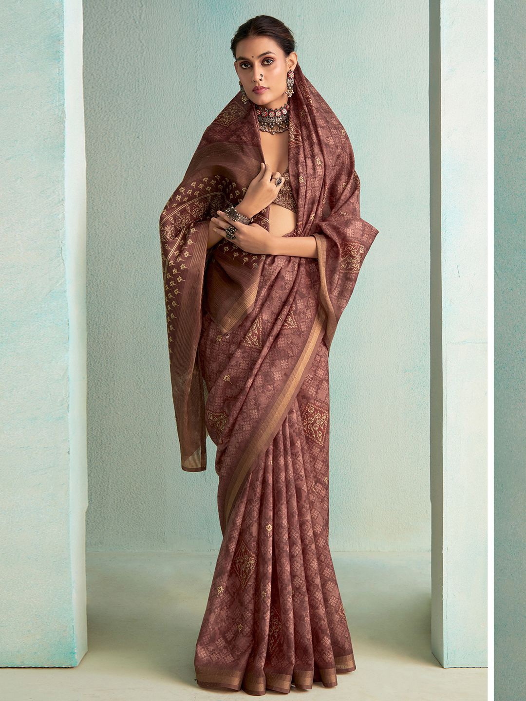 

Satrani Floral Zari Pure Silk Banarasi Saree, Brown