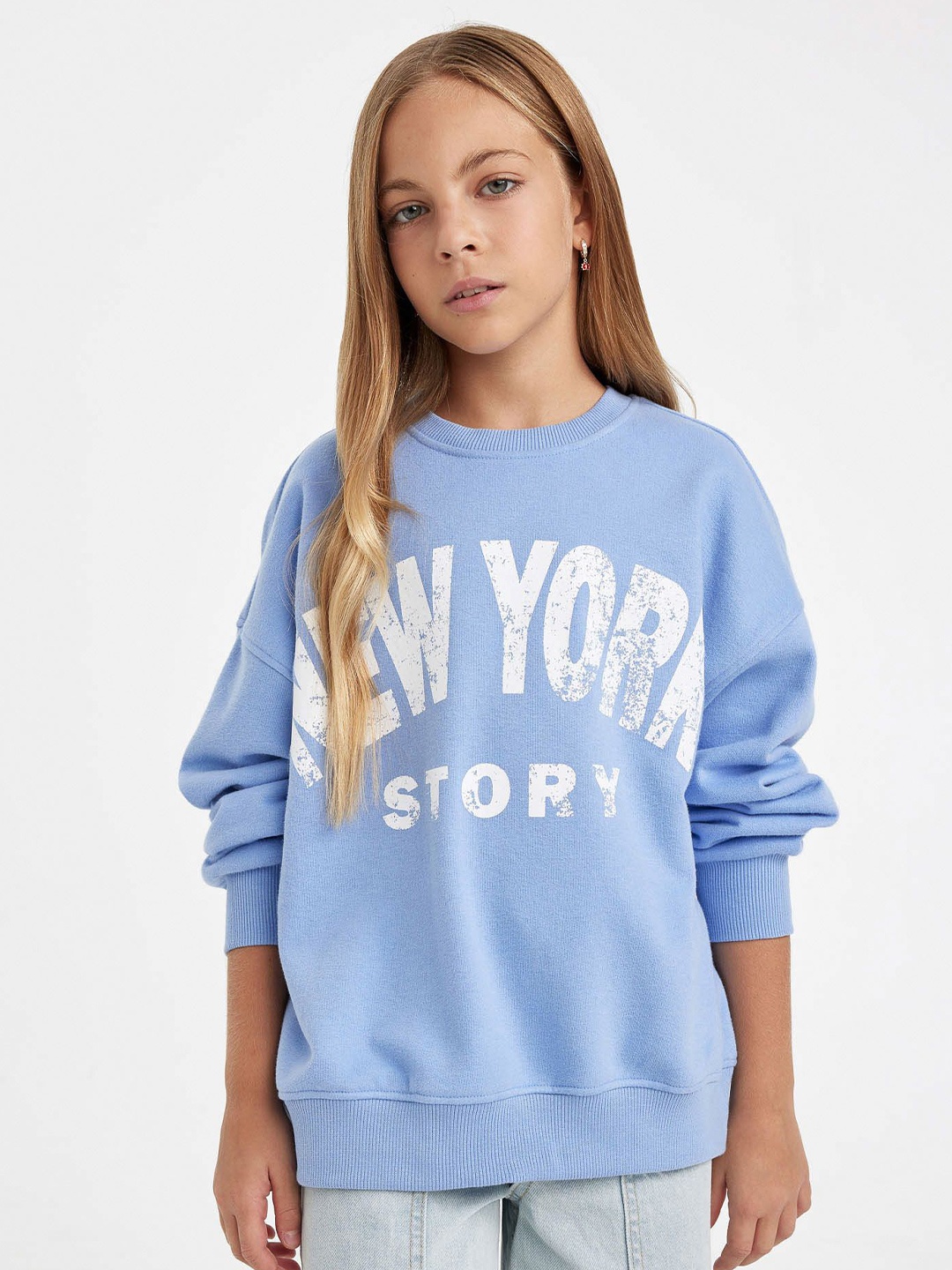 

DeFacto Girls Typography Printed Pullover, Blue
