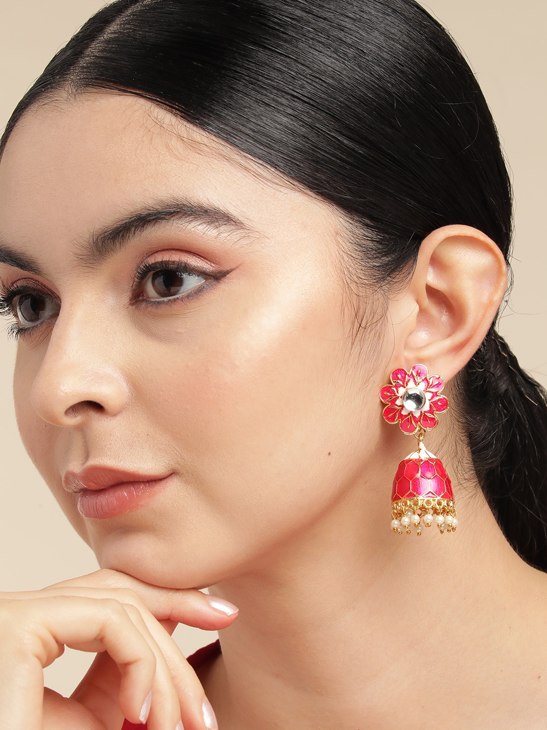 

Anouk Gold Plated Artificial Stones & Beads Enamelled Jhumkas Earrings, Pink