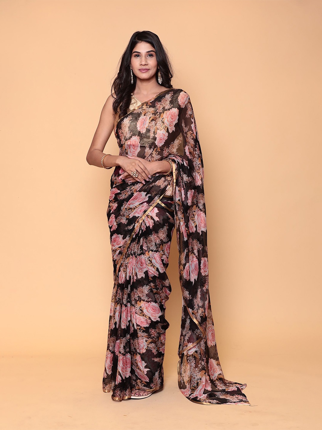 

ZARI Floral Pure Chiffon Saree, Black