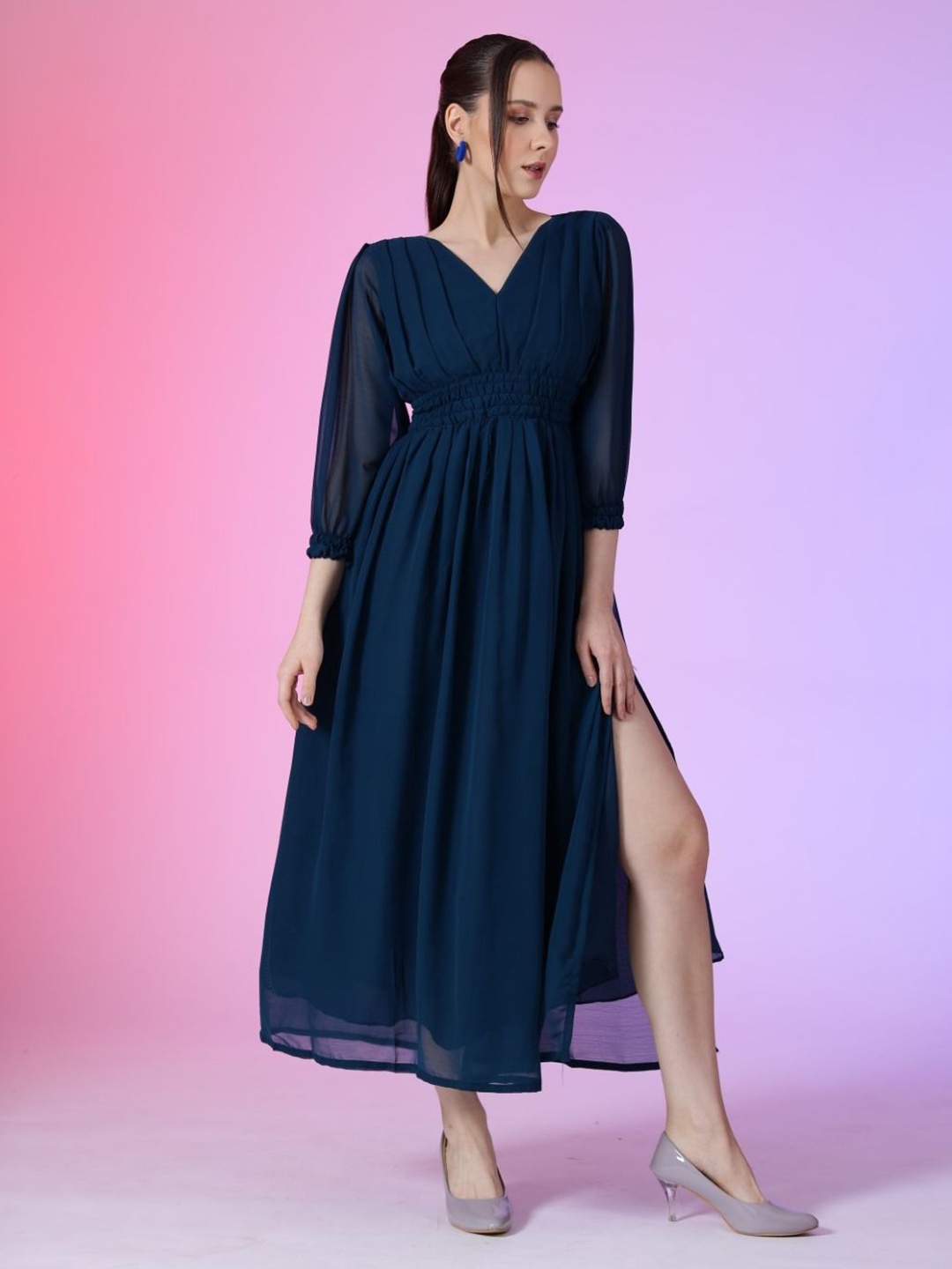 

Raiyani Enterprise Women V-Neck Fit & Flare Maxi Dress, Blue