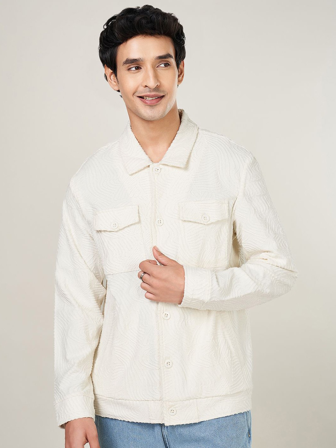 

People Men Denim Jacket with Patchwork, Off white