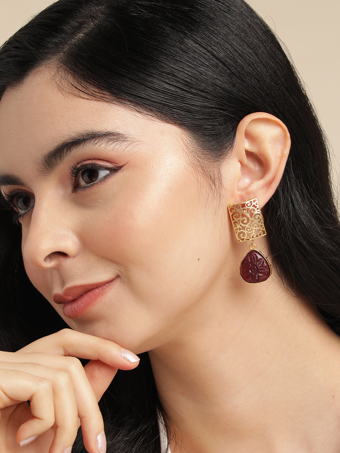 

Anouk Gold Plated Beaded Geometric Drop Earrings, Maroon