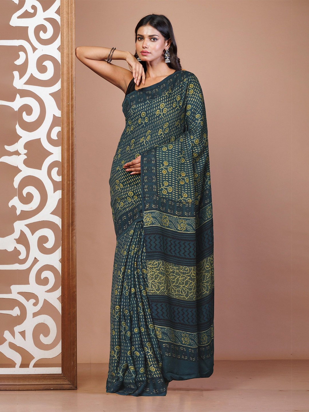 

Unnati Silks Pure Silk Block Print Saree, Blue