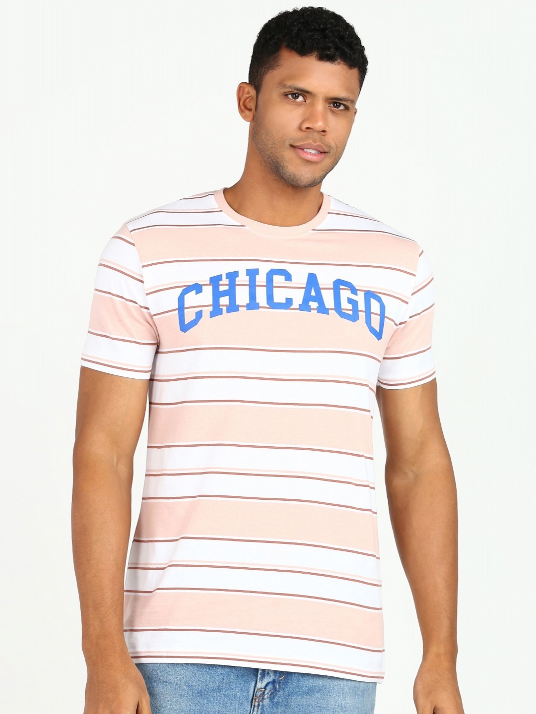 

Provogue Men Striped Applique T-shirt, Beige