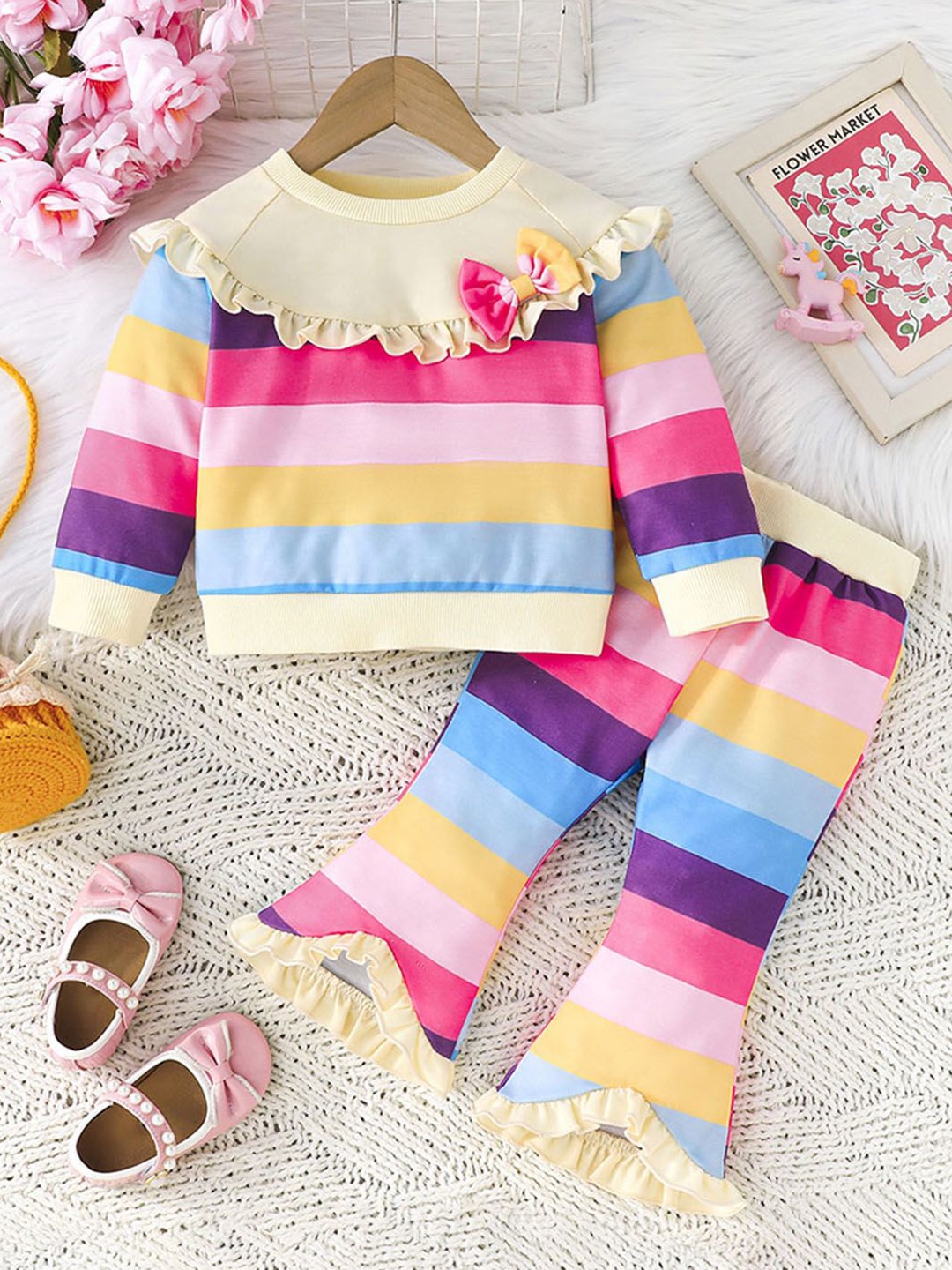 

INCLUD Girls Striped Top with Trousers, Beige