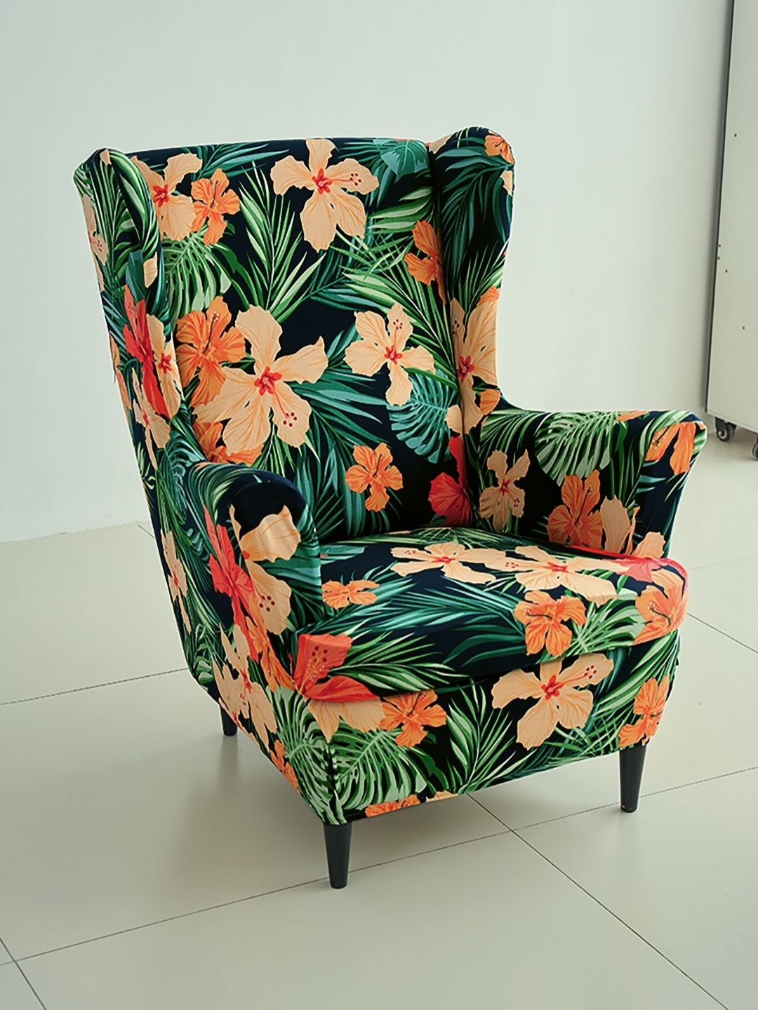 

HOKIPO Green & Orange Floral Printed 140 GSM Full Covered Wingback Chair Cover