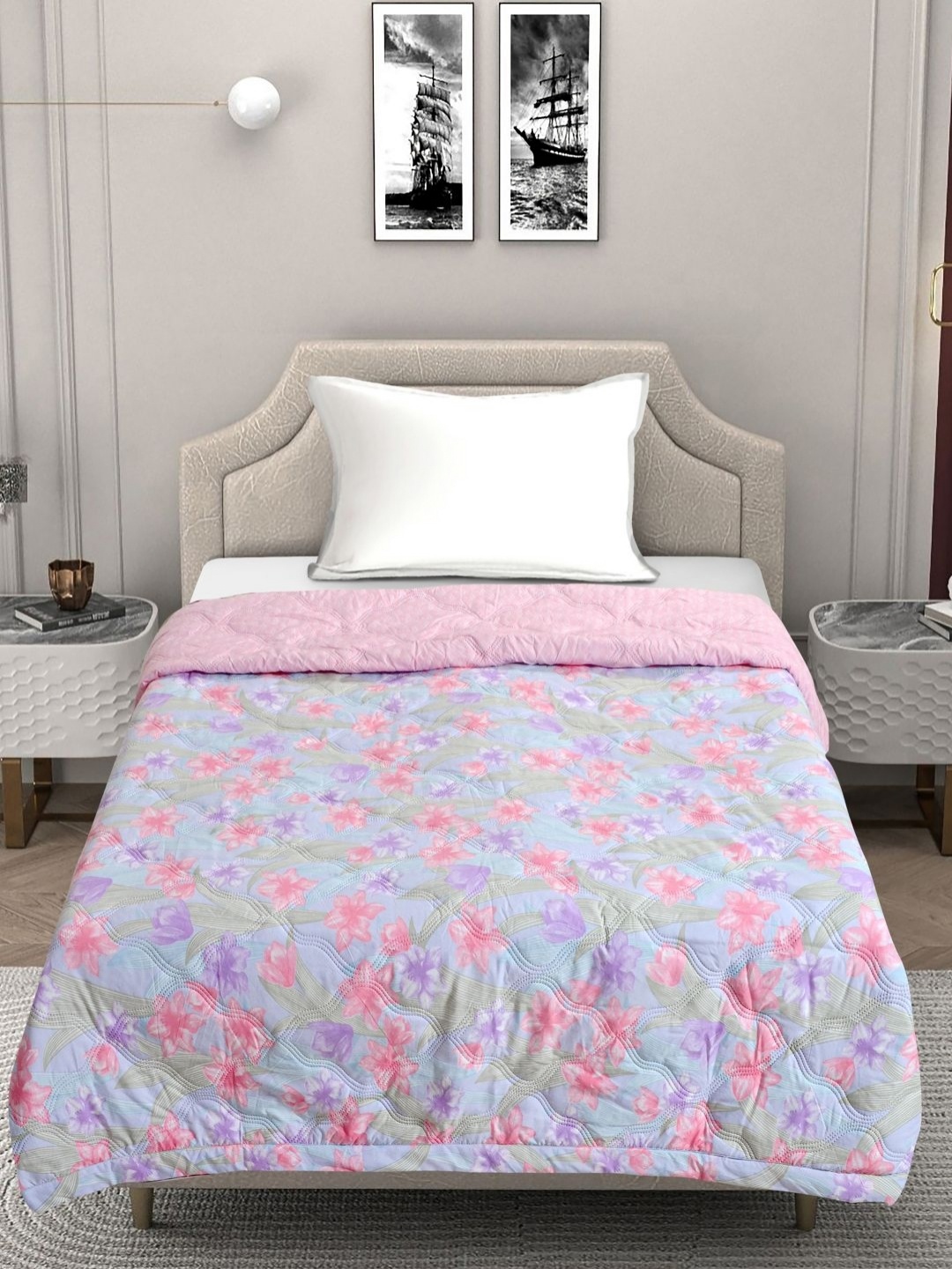 

FABINALIV Blue & Pink Floral Mild Winter 350 GSM Single Bed Comforter