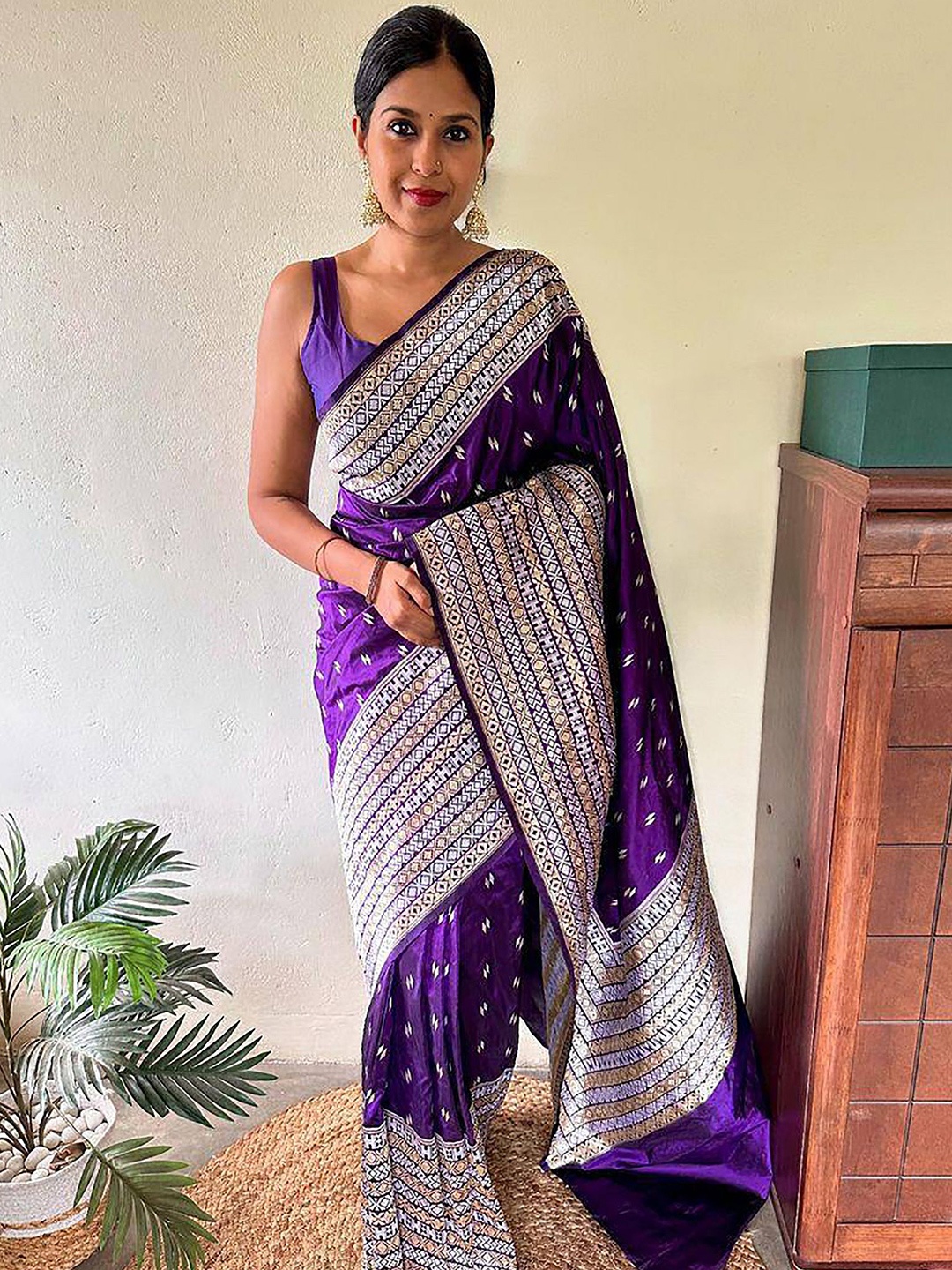 

Anjaneya Sarees Ethnic Motifs Zari Silk Blend Banarasi Saree, Purple