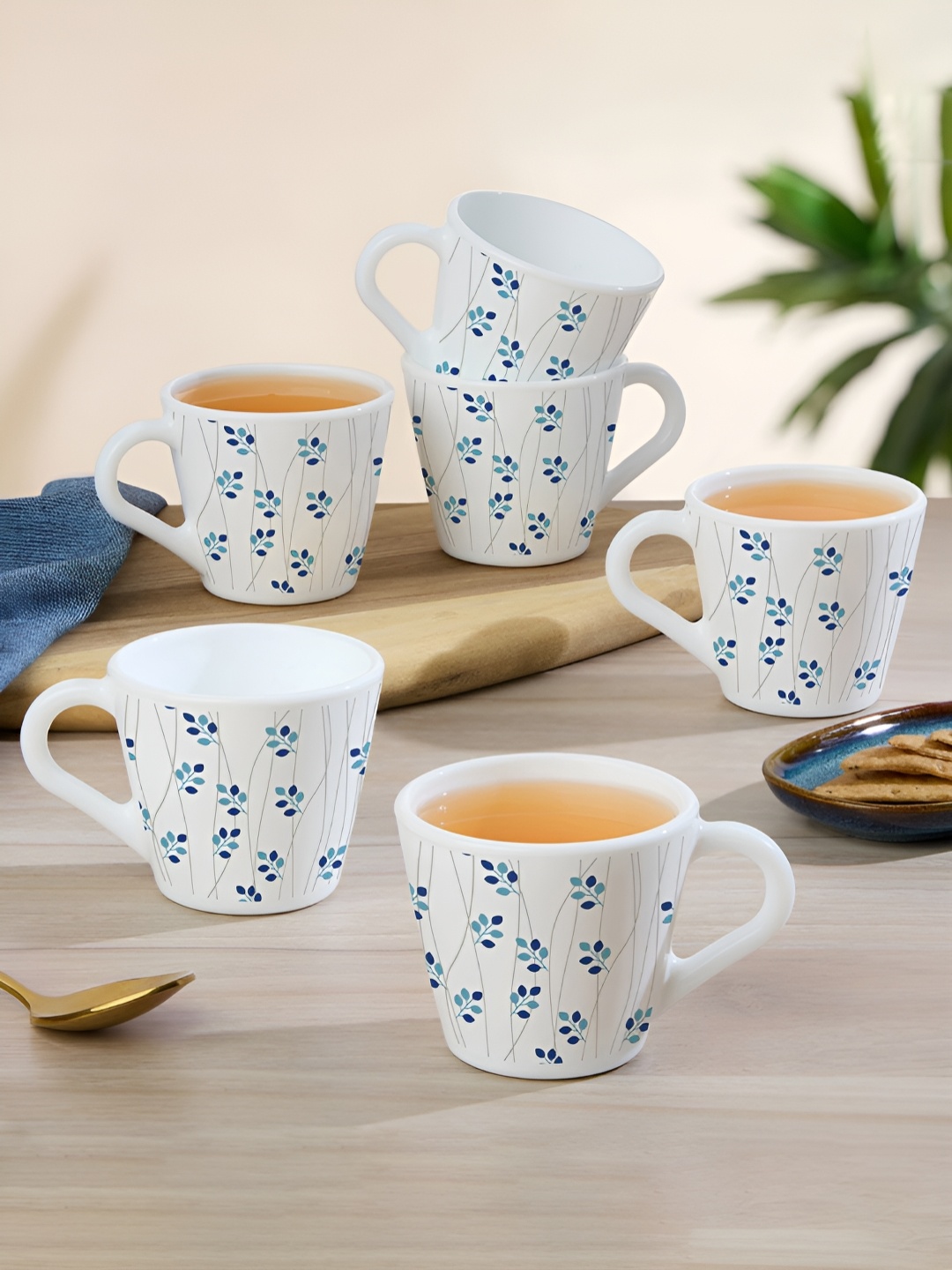 

Larah by BOROSIL White & Blue Floral Printed Opalware Matte Mugs Set of Cups and Mugs